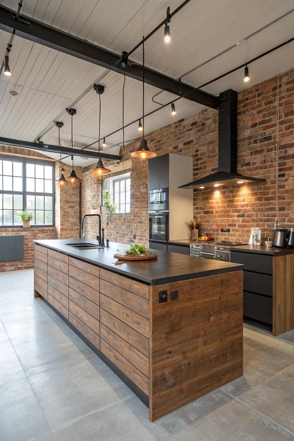 A brick rear surface contributes a vintage urban touch to this kitchen island, ideal for city-inspired spaces.