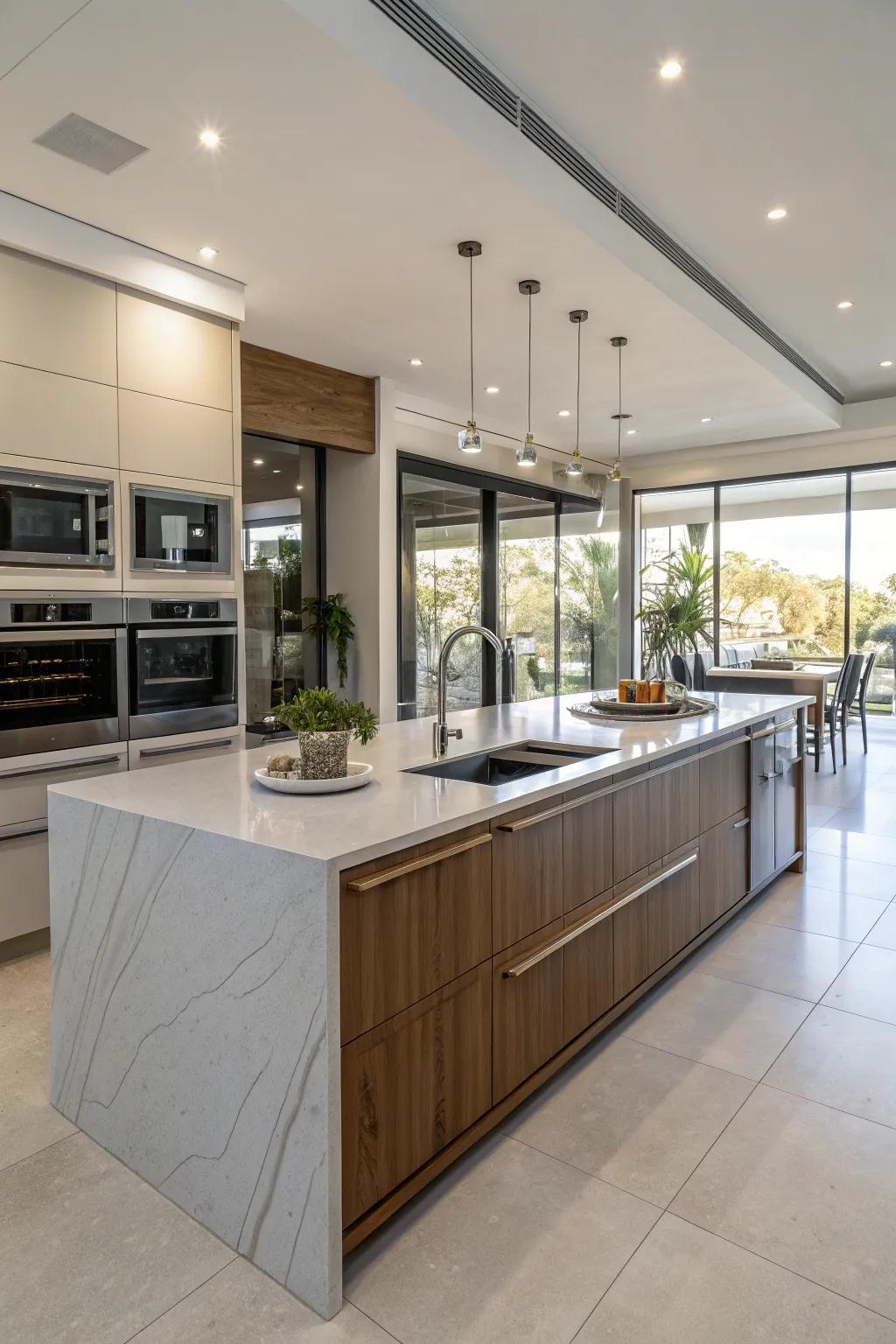 A streamlined kitchen island promoting efficient appliance integration.