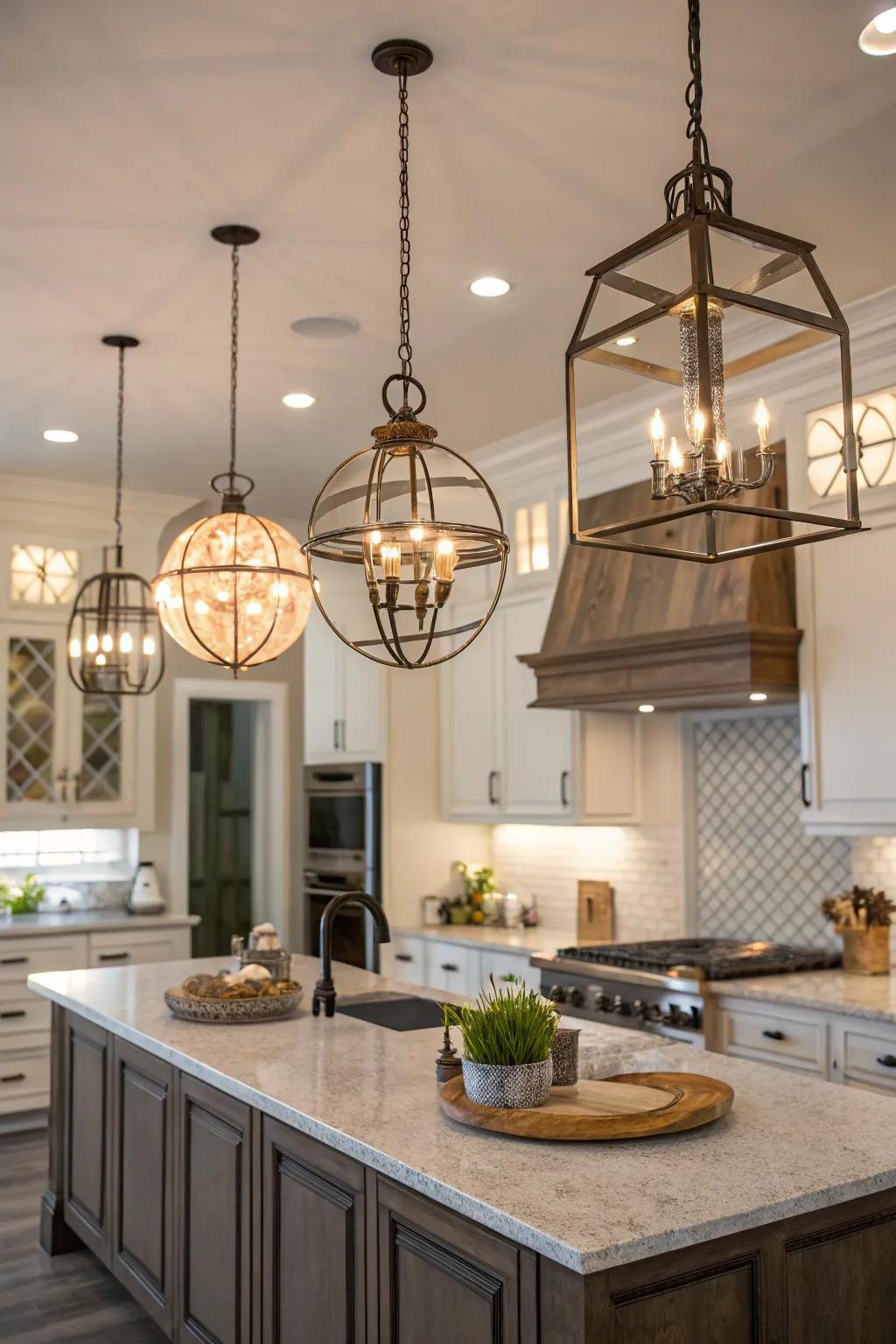 A mix of shapes enhances depth and dynamism to this kitchen's lighting.