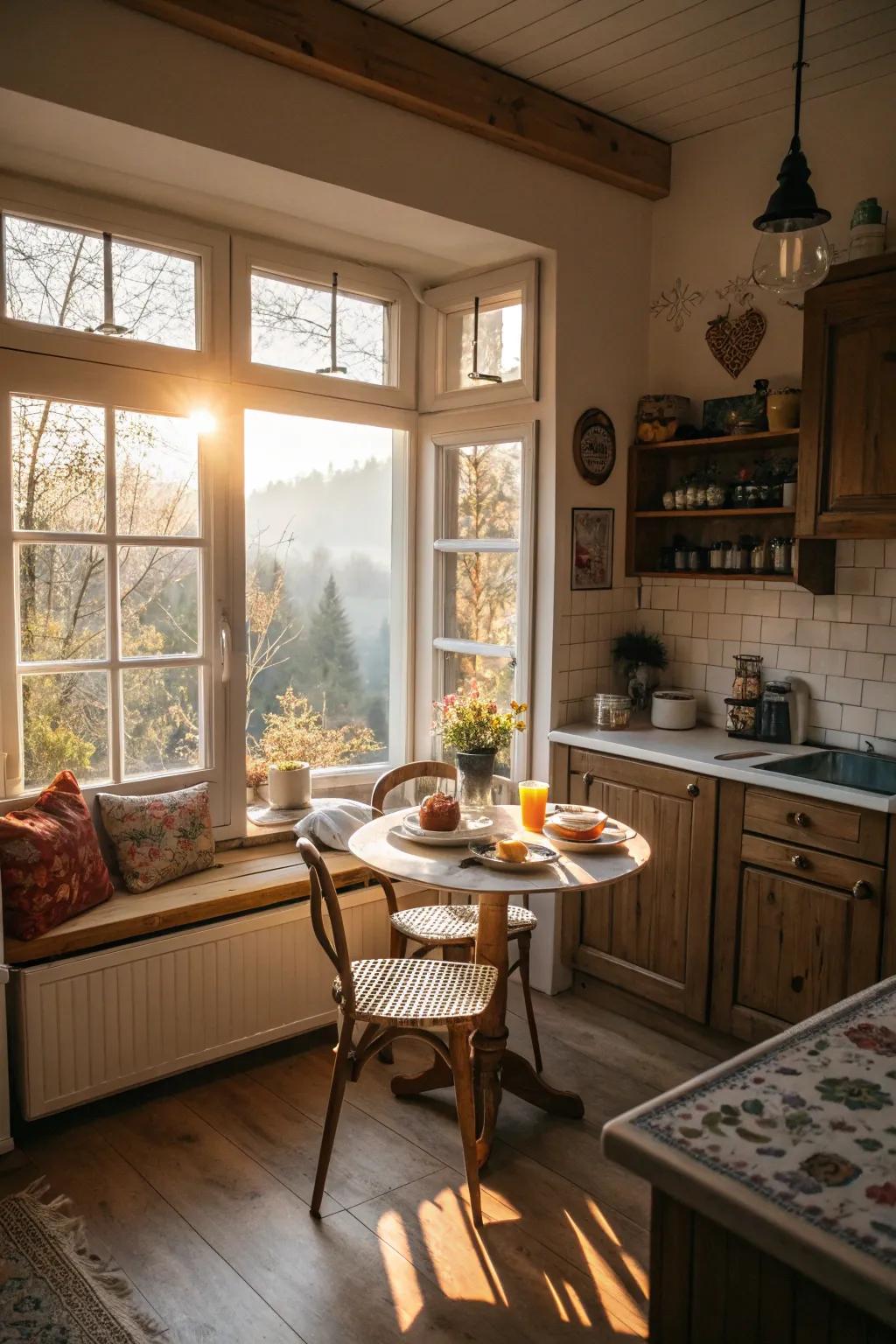 A kitchen designed with a cozy breakfast nook and a pleasant view.