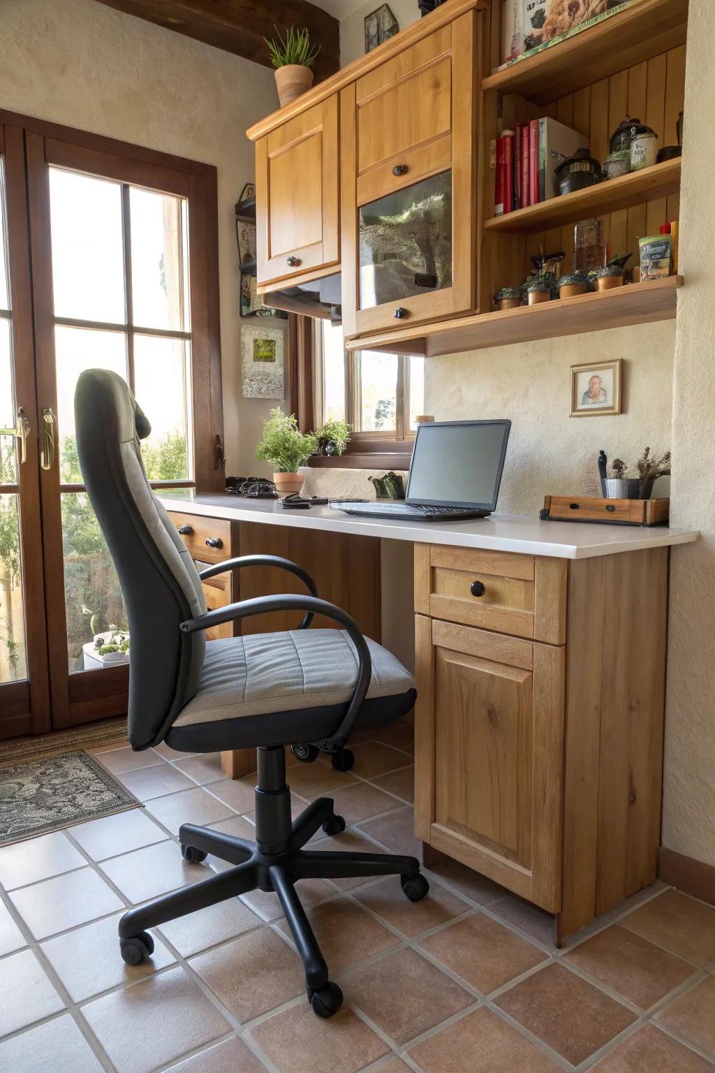 Comfortable seating makes a kitchen office better.