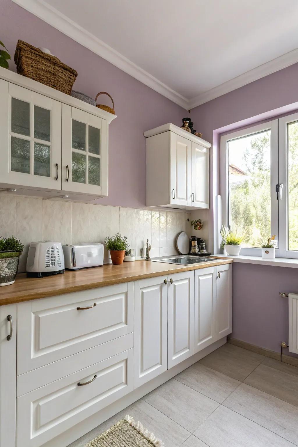 Muted lavender walls bring a bit of whimsy and charm.