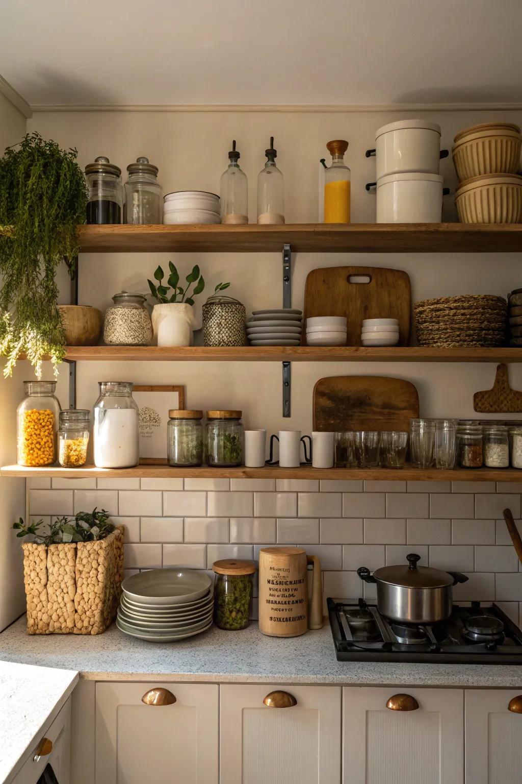 Dynamic shelving with varied dimensions for visual appeal.