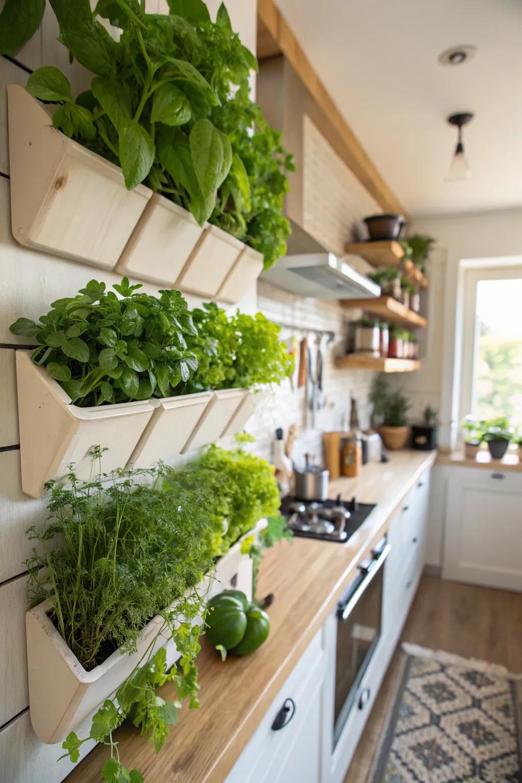 A kitchen featuring wall-set plant holders with fresh greenery.