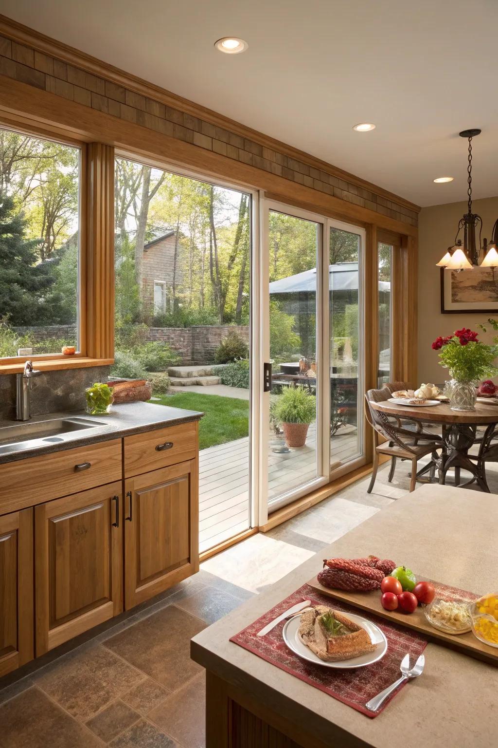 A culinary space showcasing hatch windows leading to an inviting patio.