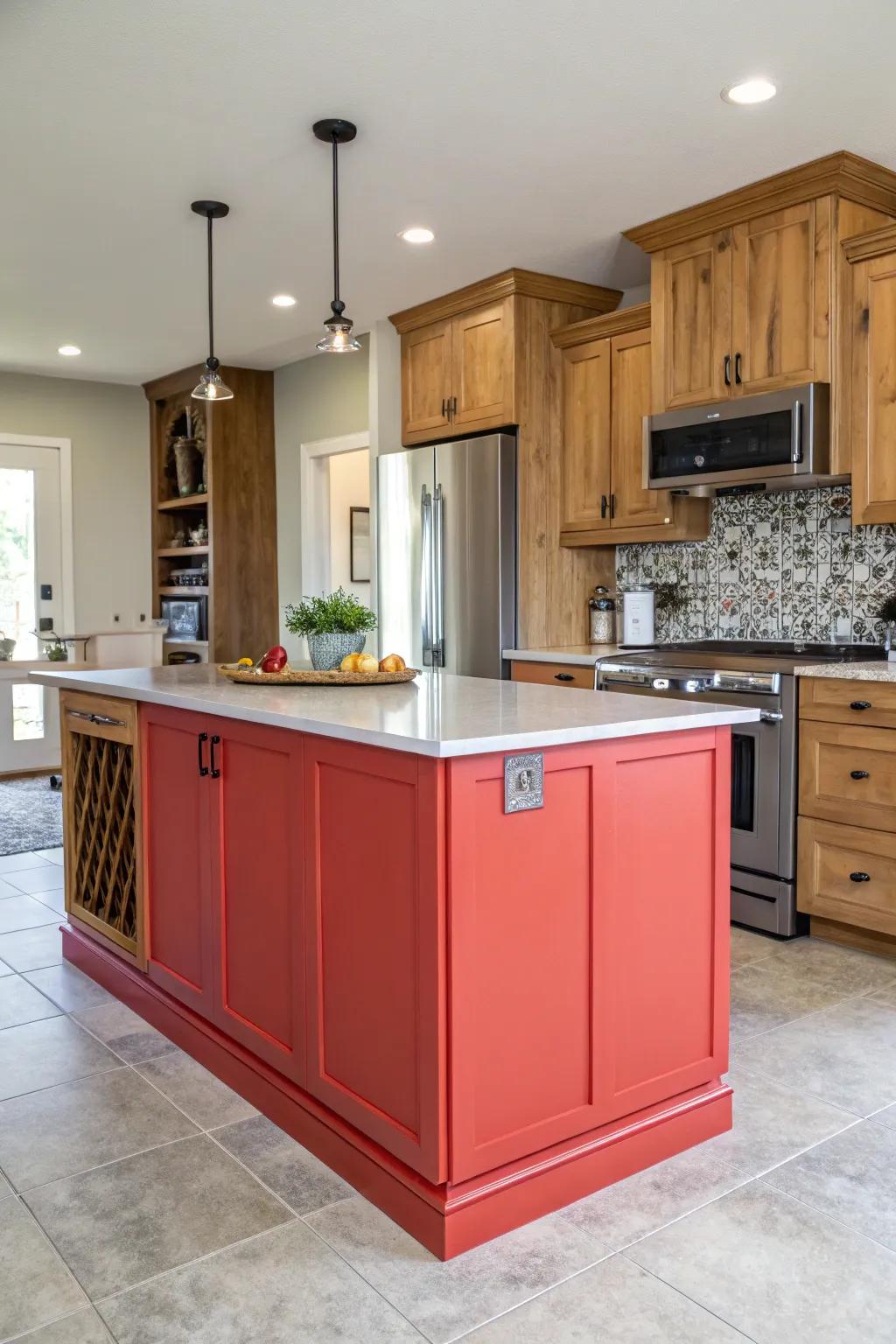 An island painted in a strong color generates a striking impression.