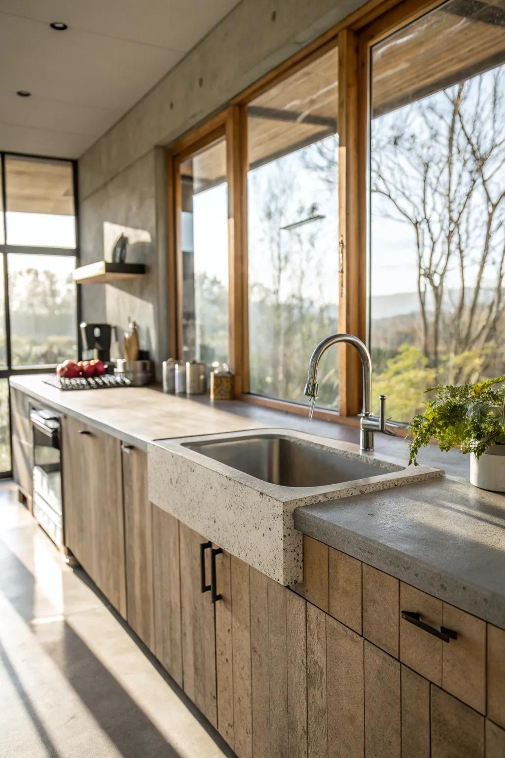 A sunlit kitchen featuring concrete countertops that are illuminated by abundant natural light.
