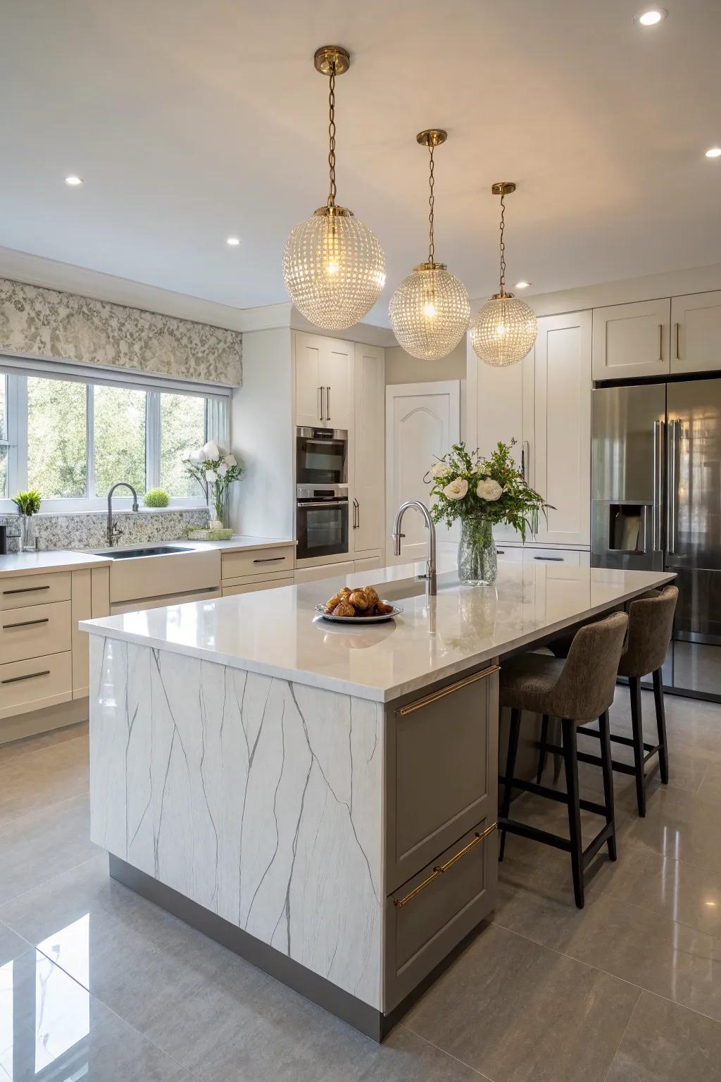 A statement quartz island as the focal point of the kitchen.