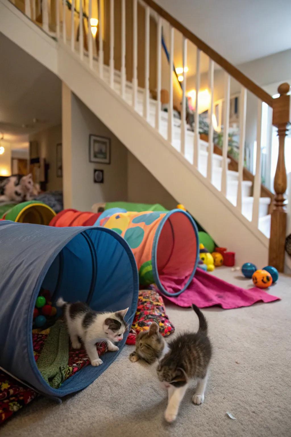 A hidden playground underneath the stairwell, ideal for inquisitive kittens.