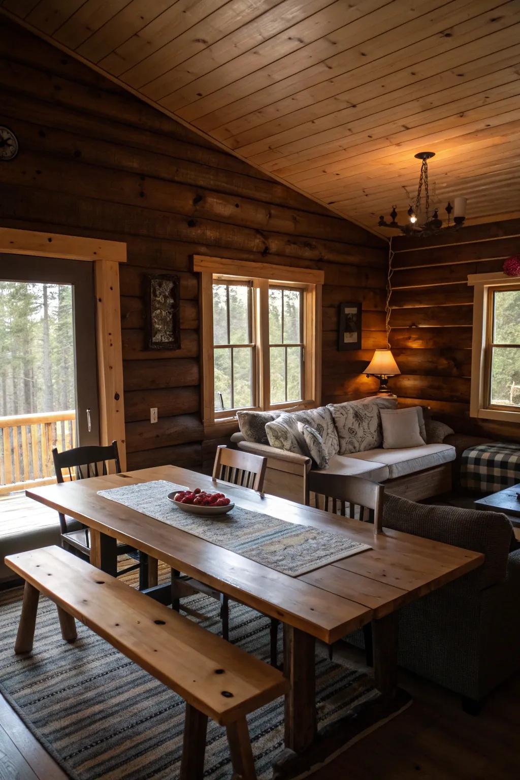 Practical furniture inviting relaxation in a knotty pine cabin.