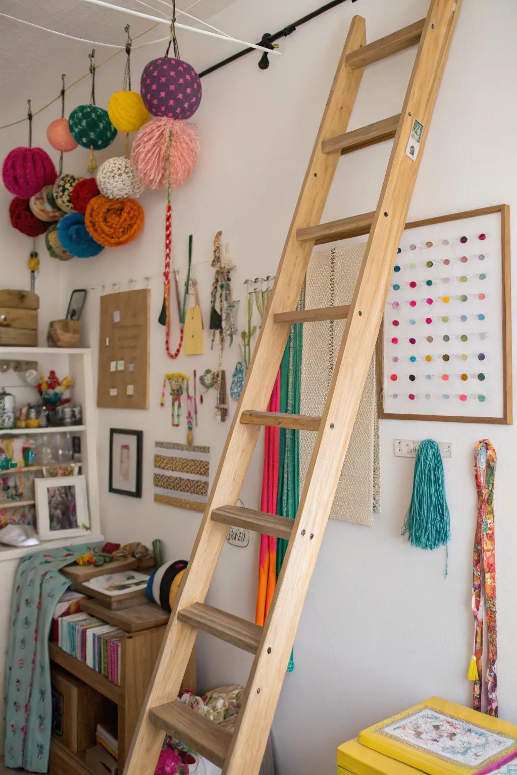 A ladder craft station keeps supplies organized and accessible.