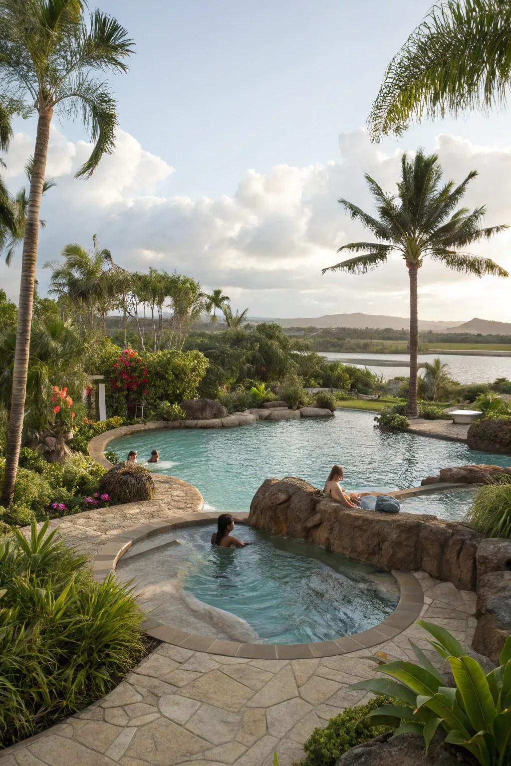 Integrated spa tubs offer a soothing escape within lagoon pools.