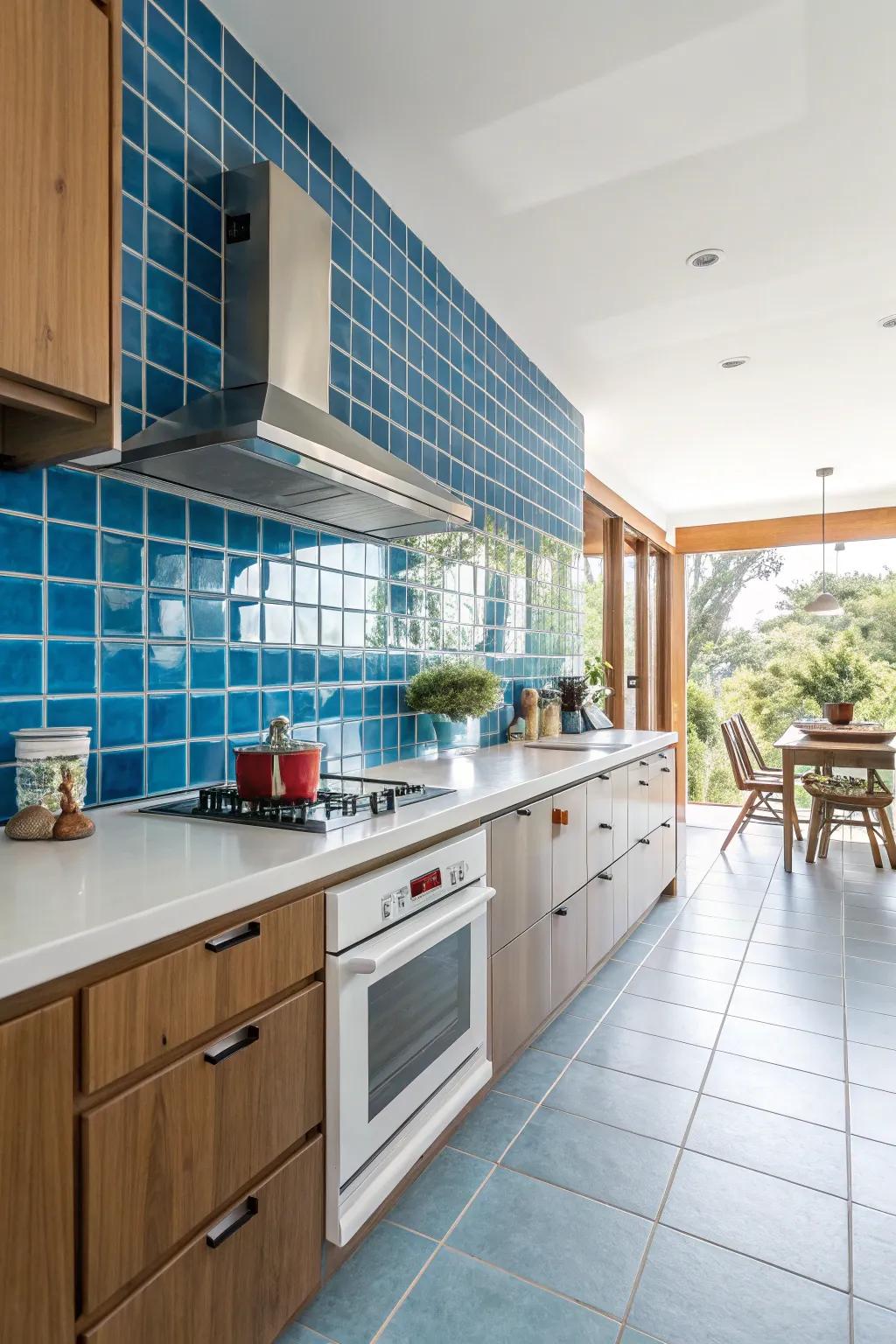 Create an impact utilizing a brightly-colored laminate backsplash.