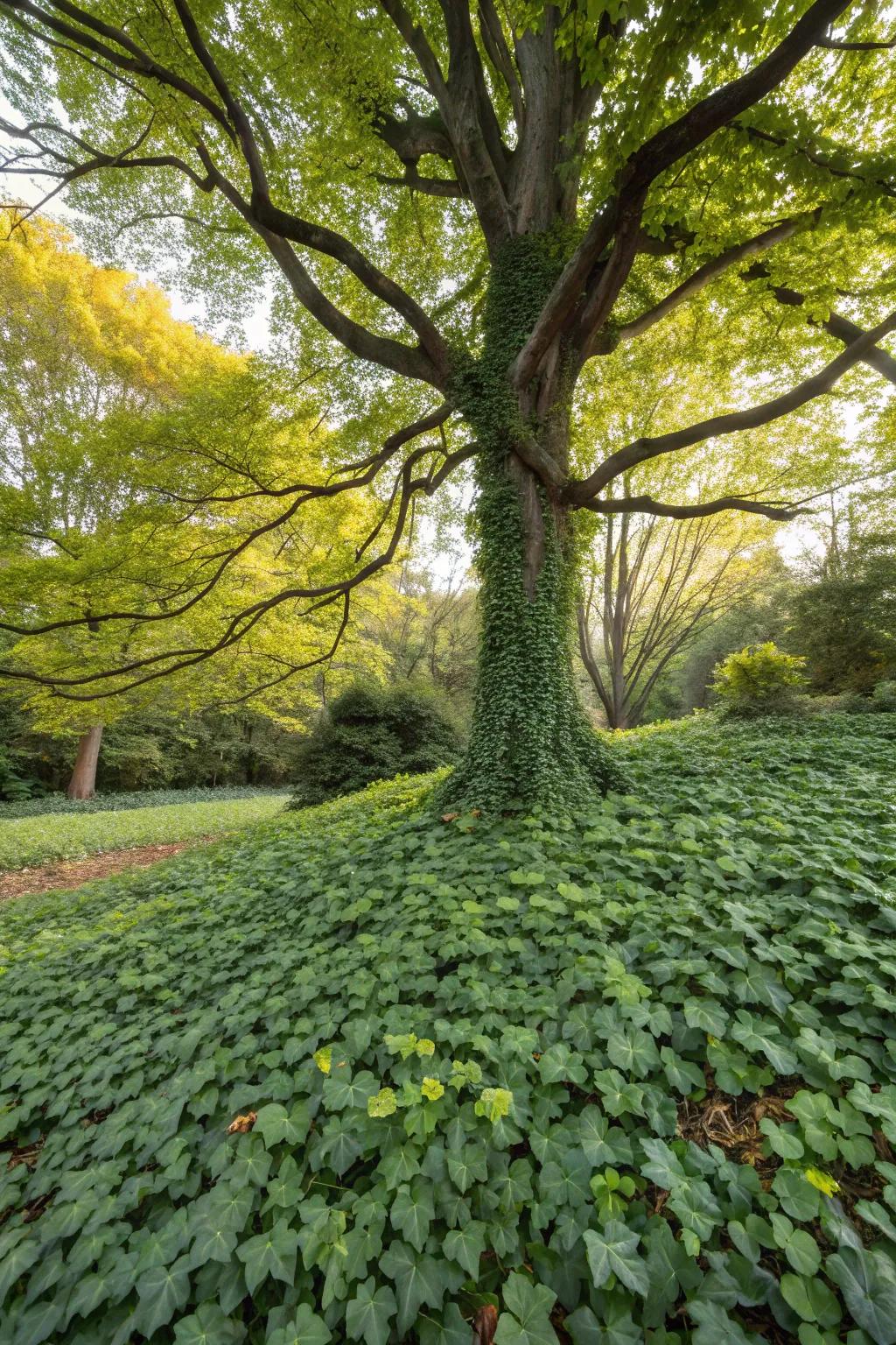 Ground covers create a verdant, low-maintenance base for trees.