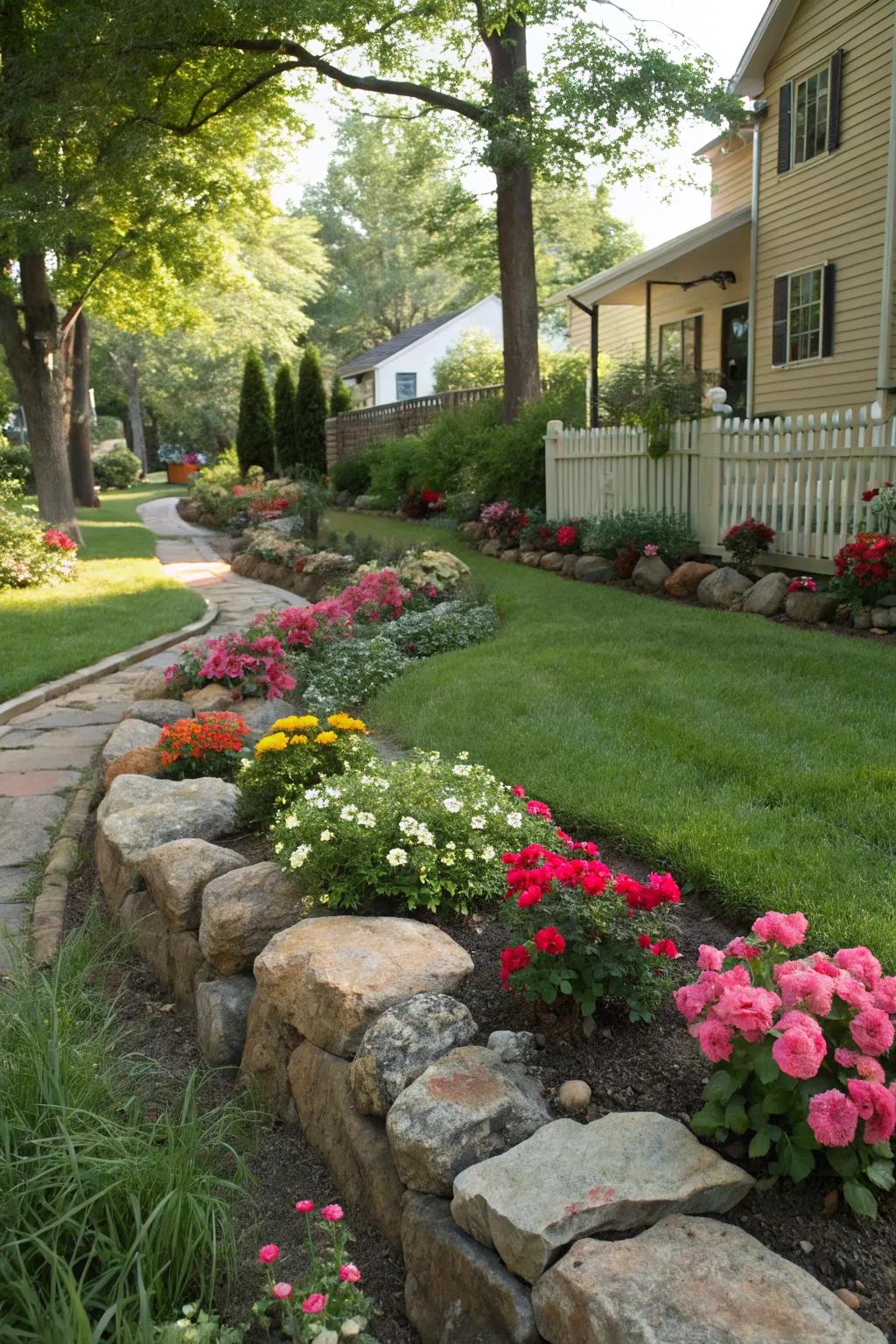 Rock borders introduce country charm and distinctly separate the flower beds.