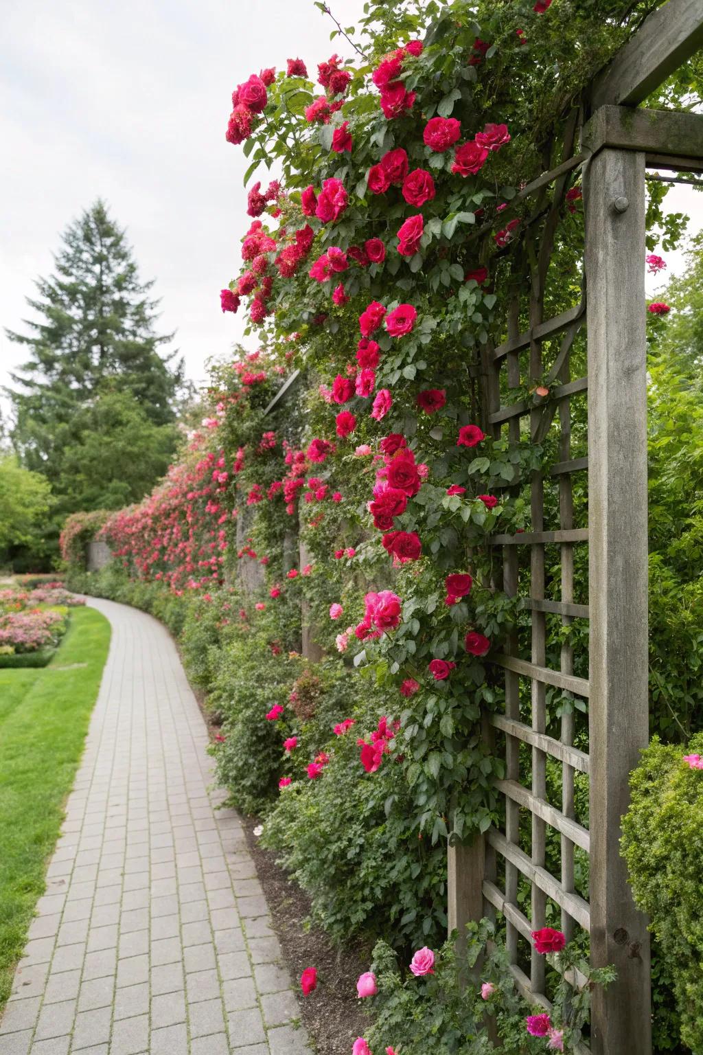 Vertical gardens with radiant roses create living walls.