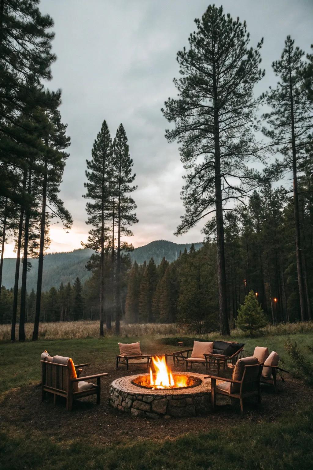 A firepit serving as the focal point in a forest clearing.