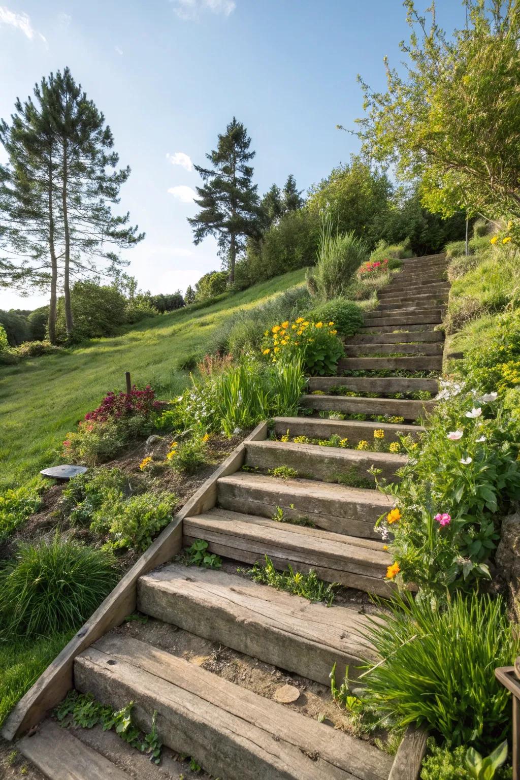 Timber risers are a utilitarian complement to gardens with gradients.