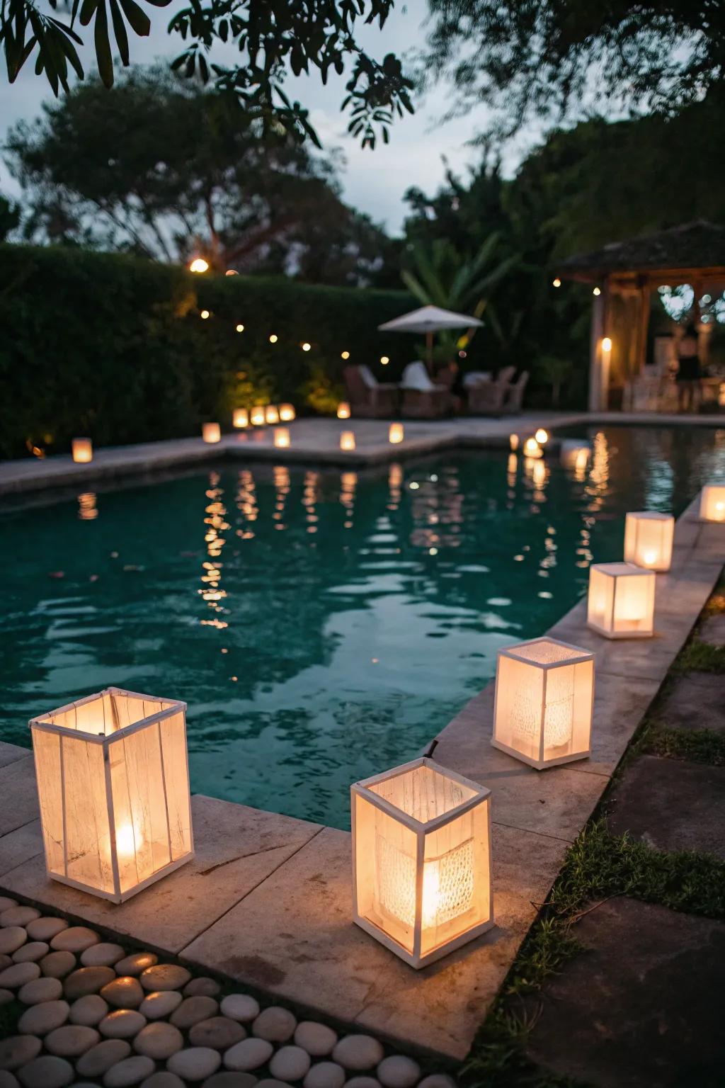 Lake lanterns making a magical poolside scene.