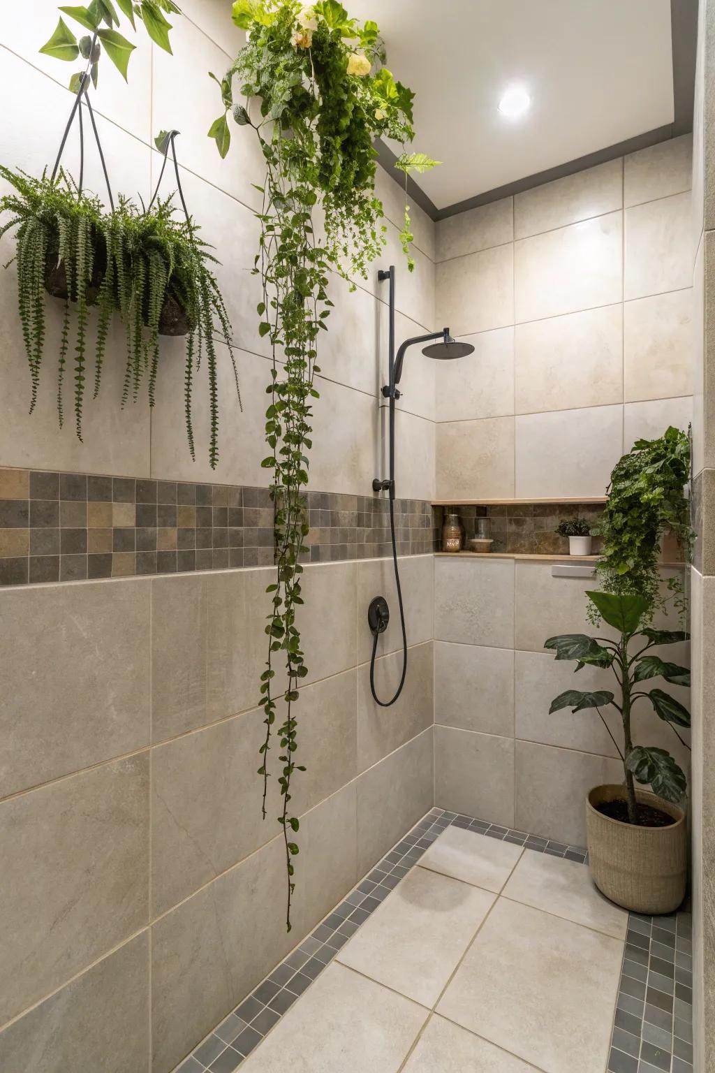 Plants introduce a natural freshness to showers clad with expansive tiles.