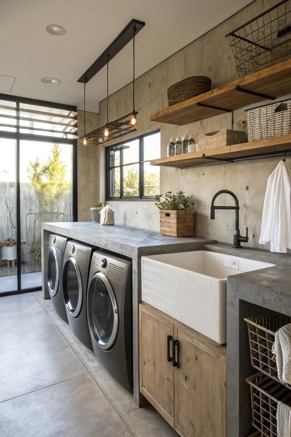 Concrete countertops that give an industrial feel to the laundry room.