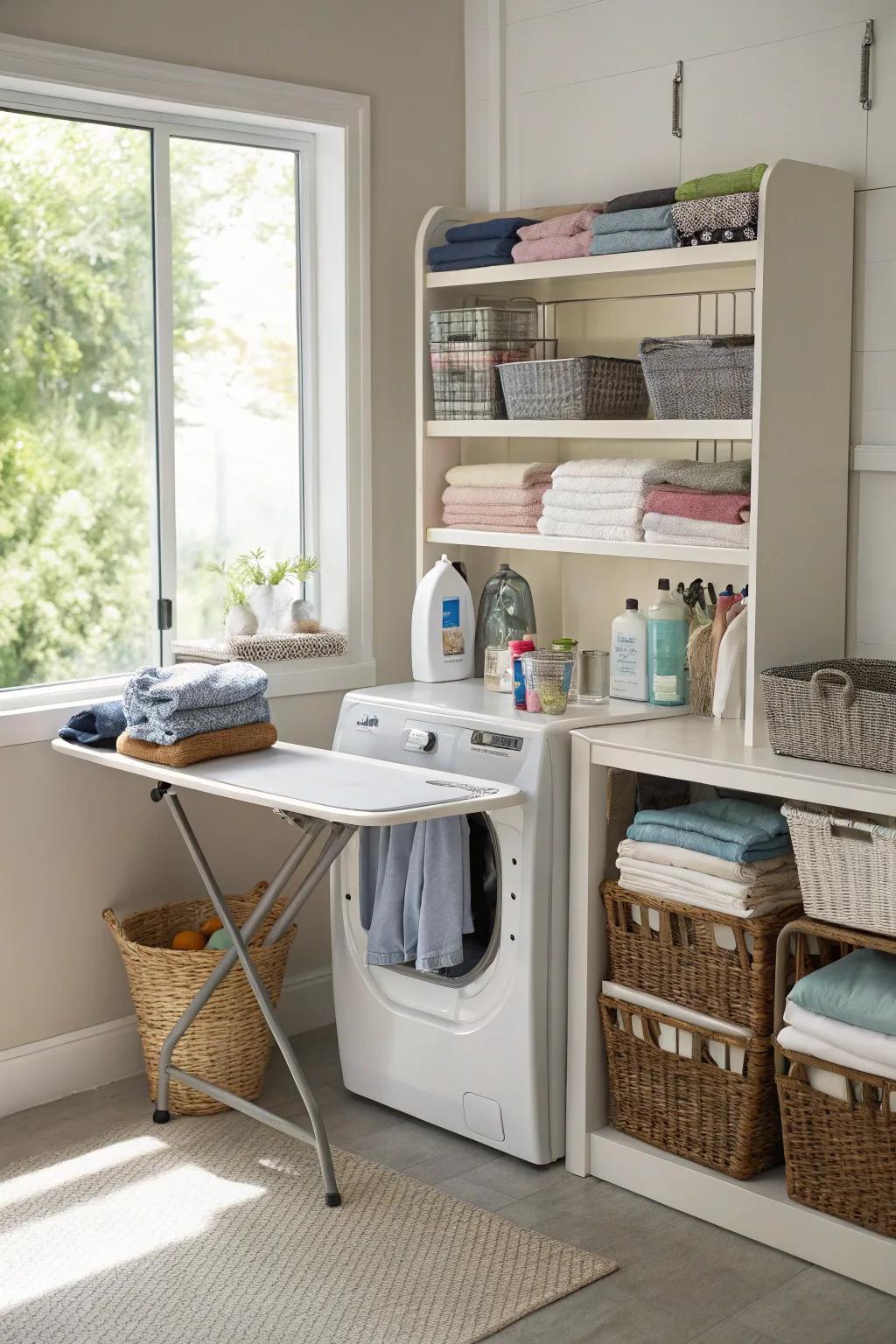 A wall-mounted table provides a flexible folding station.