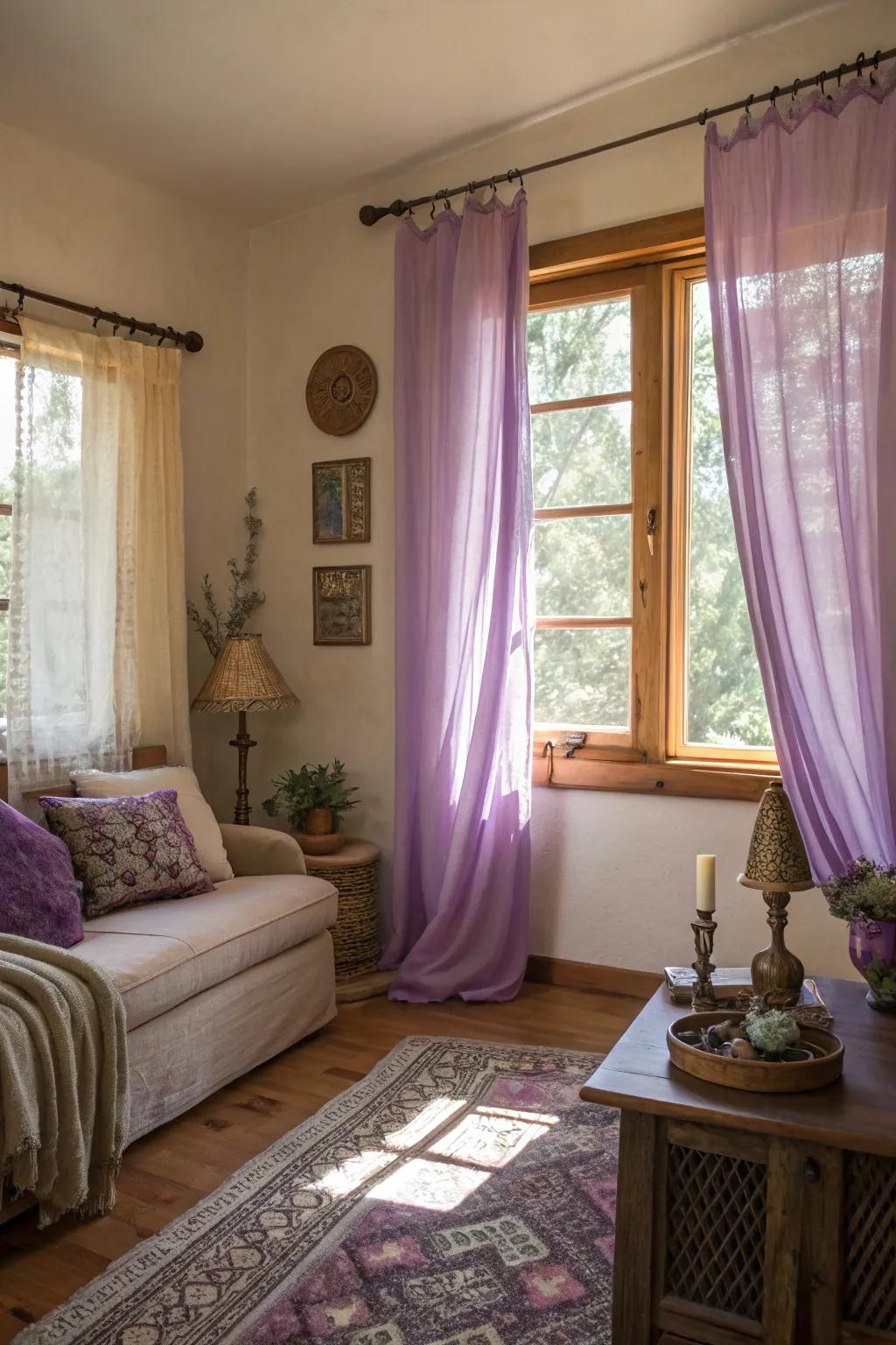 A room transformed by lilac drapes and warm natural light.