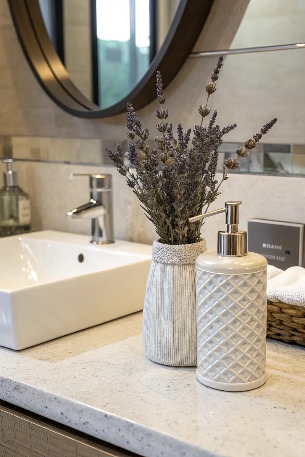 A spa-like ambiance courtesy of lavender in the bathroom.