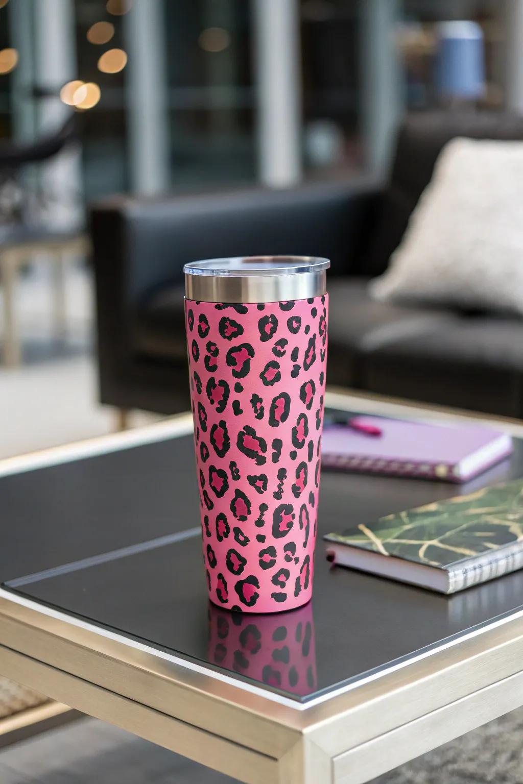 Make a statement with a vibrant rose jungle cat print cup.