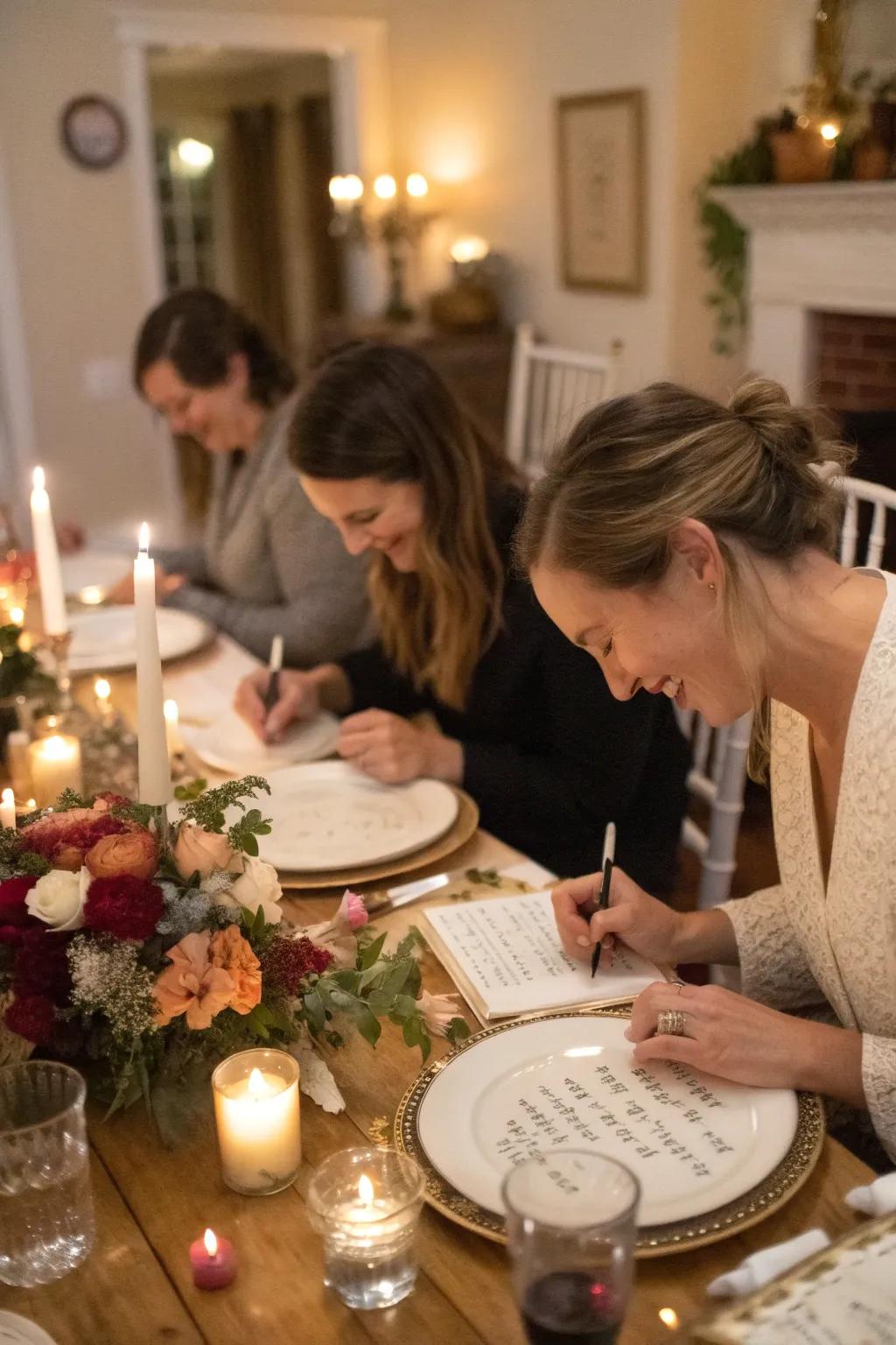 A dinner gathering with attendees writing on plates, sharing a meaningful experience.