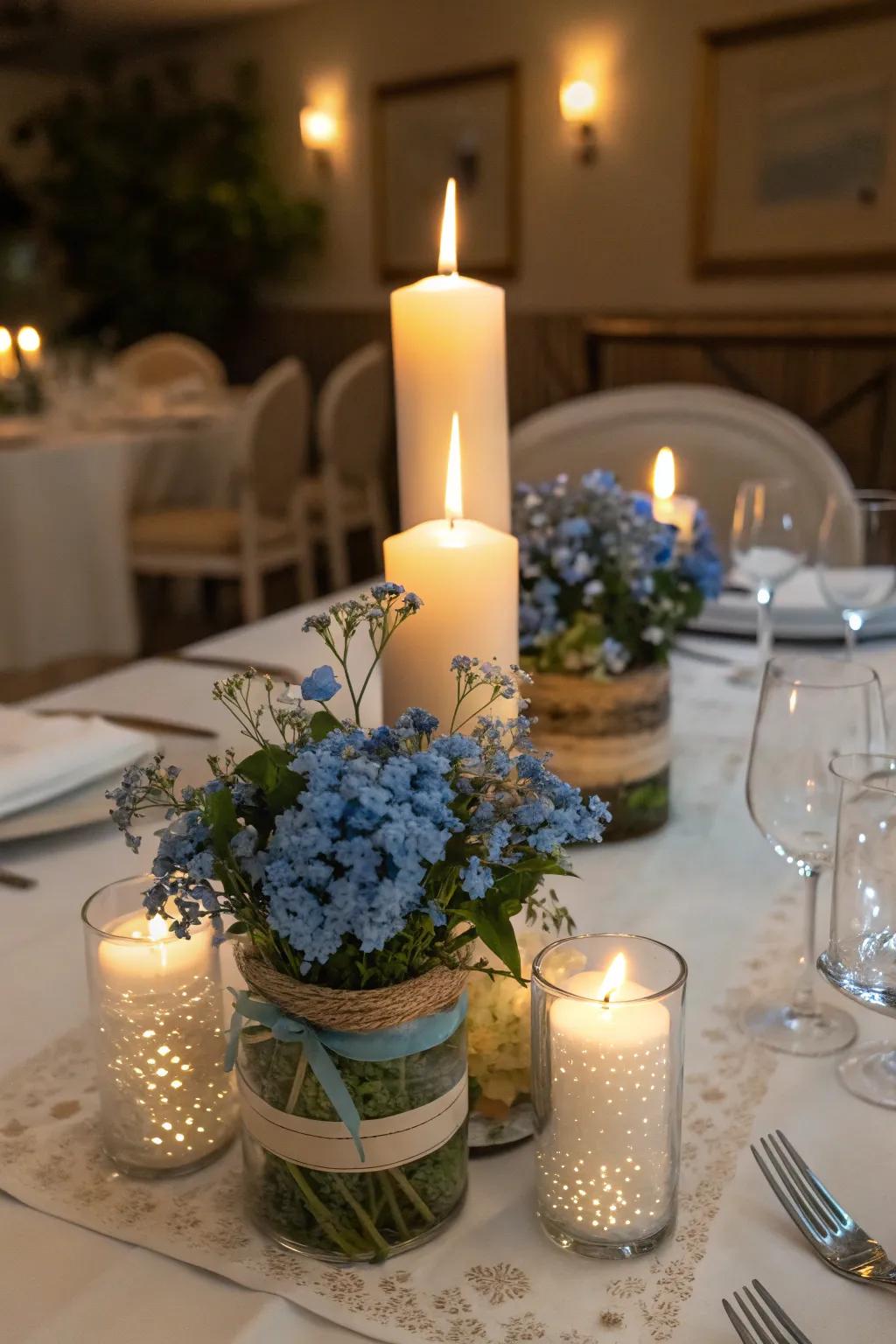 Romantic table decor with blue dogbane and firefly lights.