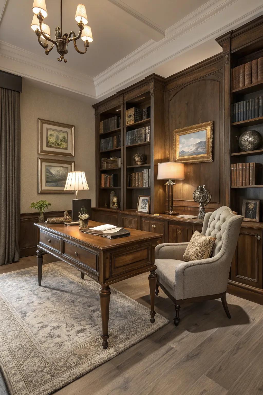 Pale gray walnut flooring adds sophistication to this classic study.