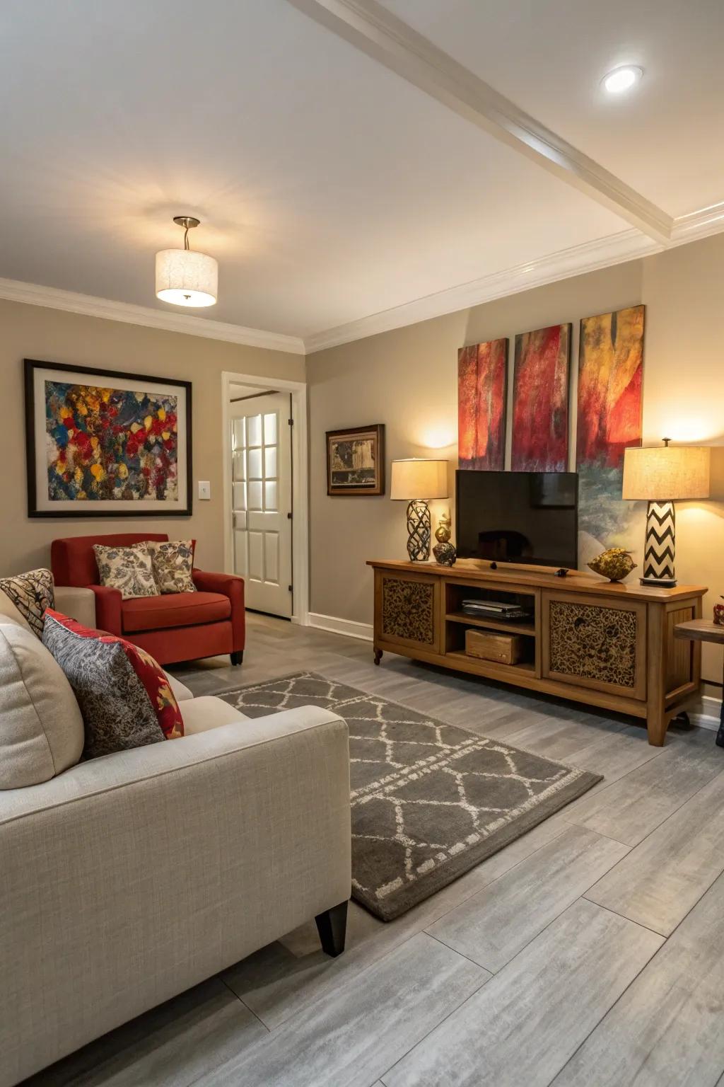 A creative living room featuring striking art and light grey flooring.