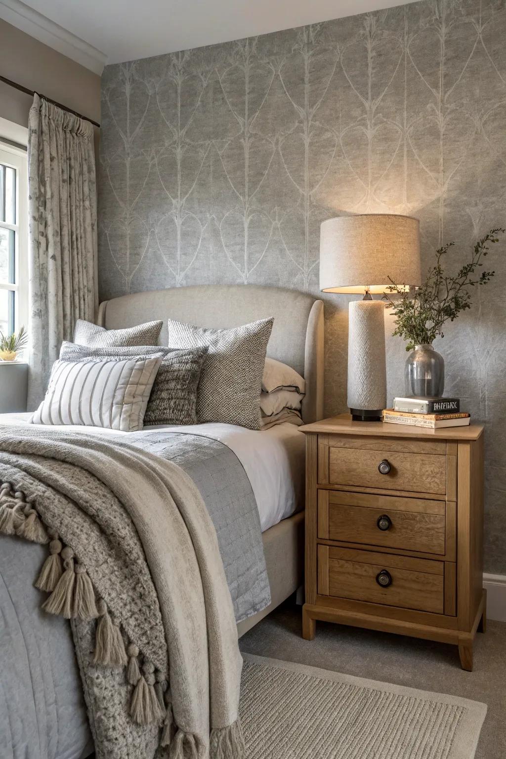 Layered textures enhance coziness in a light grey bedroom.
