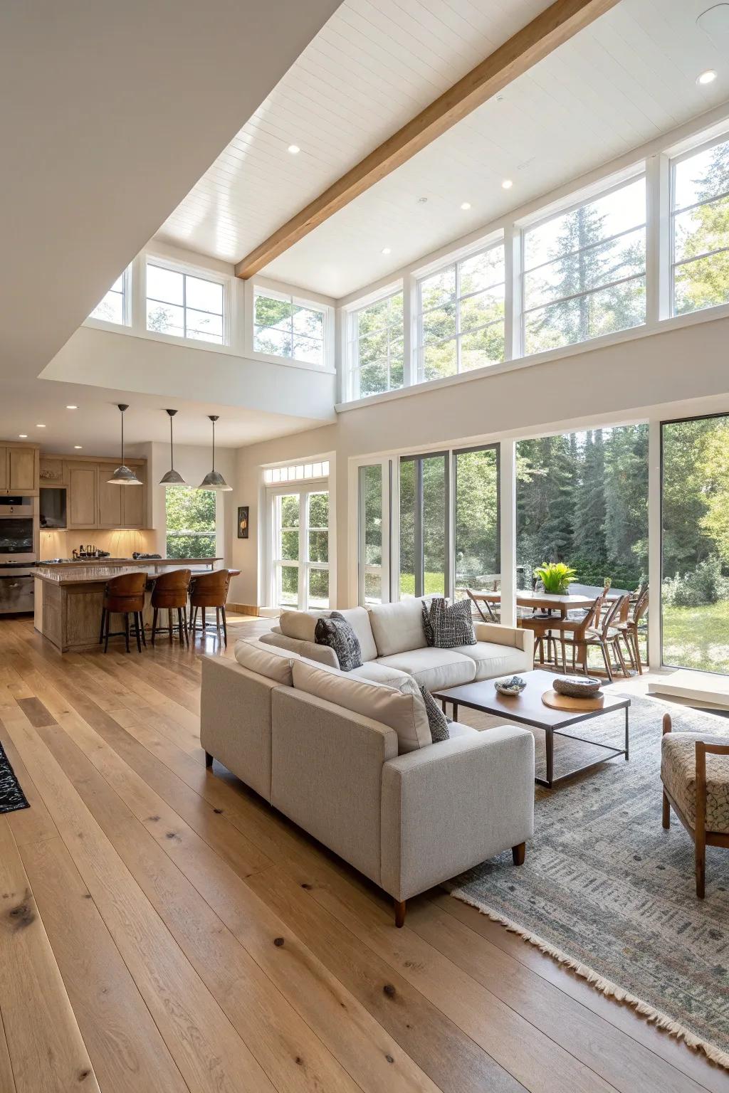 An unrestricted concept living area spotlighting the fluid expanse and spatial depth made possible by light wooden floors.