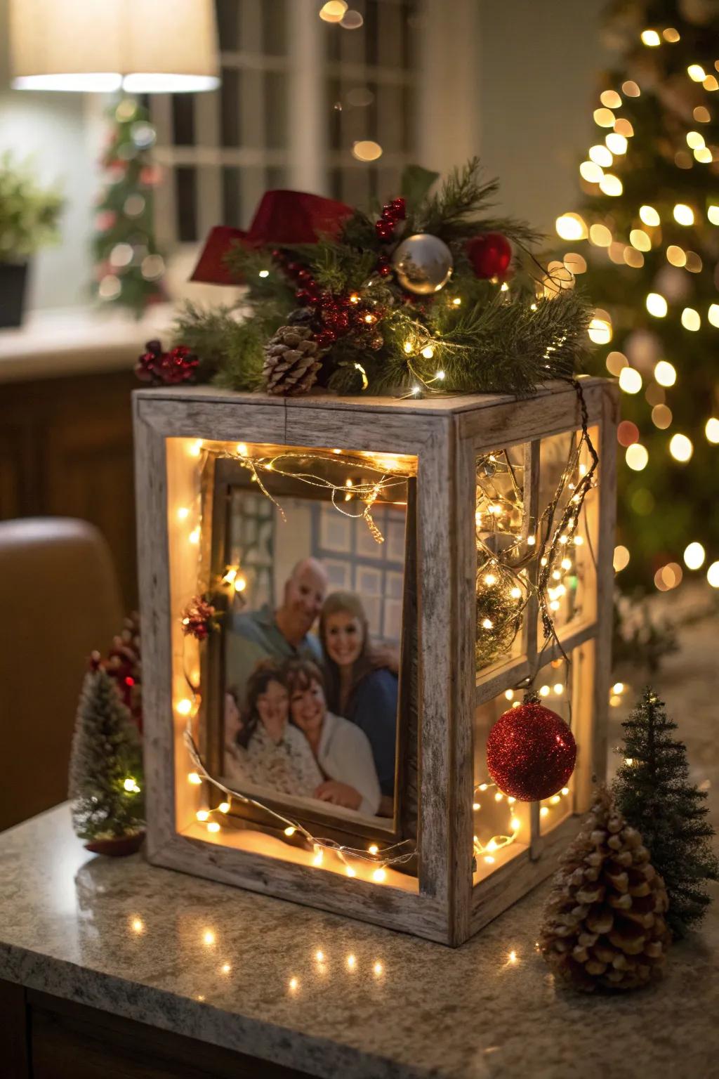 A personalized family photo Christmas shadow box
