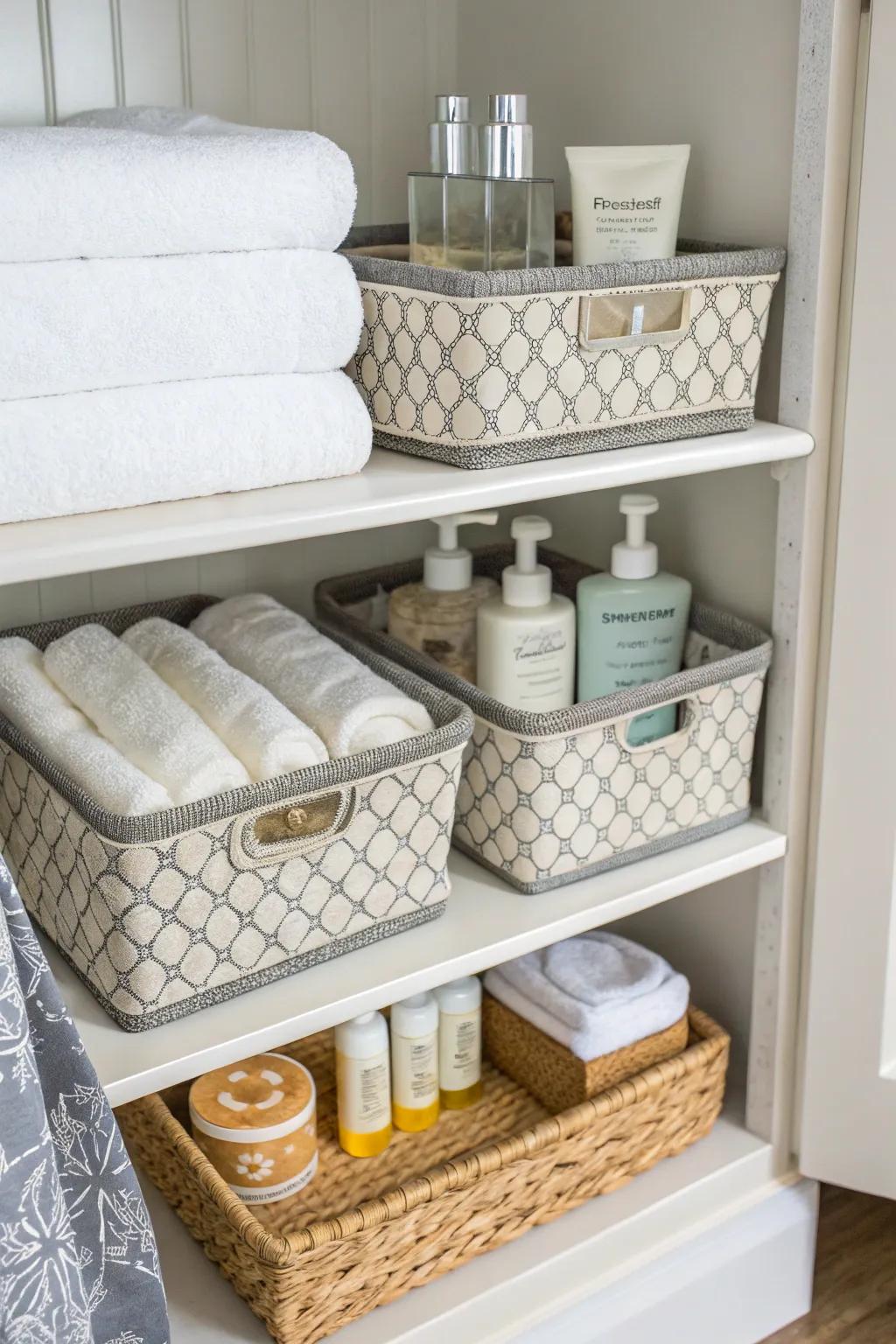 Stylish trays bring both flair and function to a linen closet.