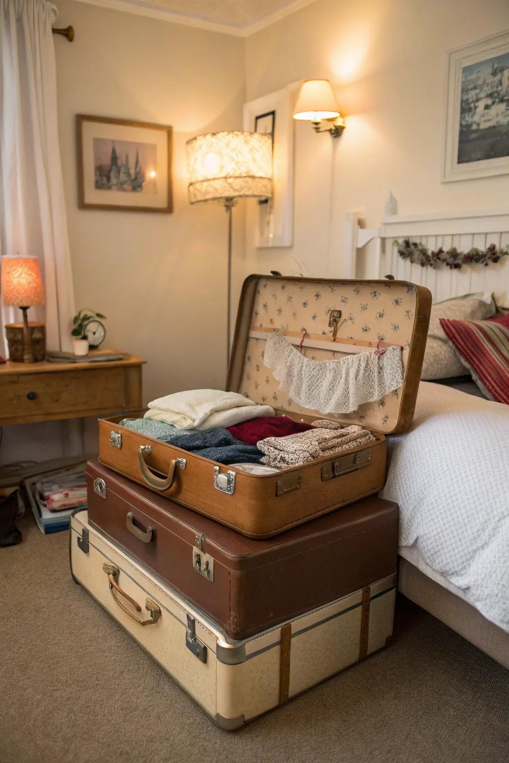 Vintage luggage unites nostalgia with useful lingerie storage.