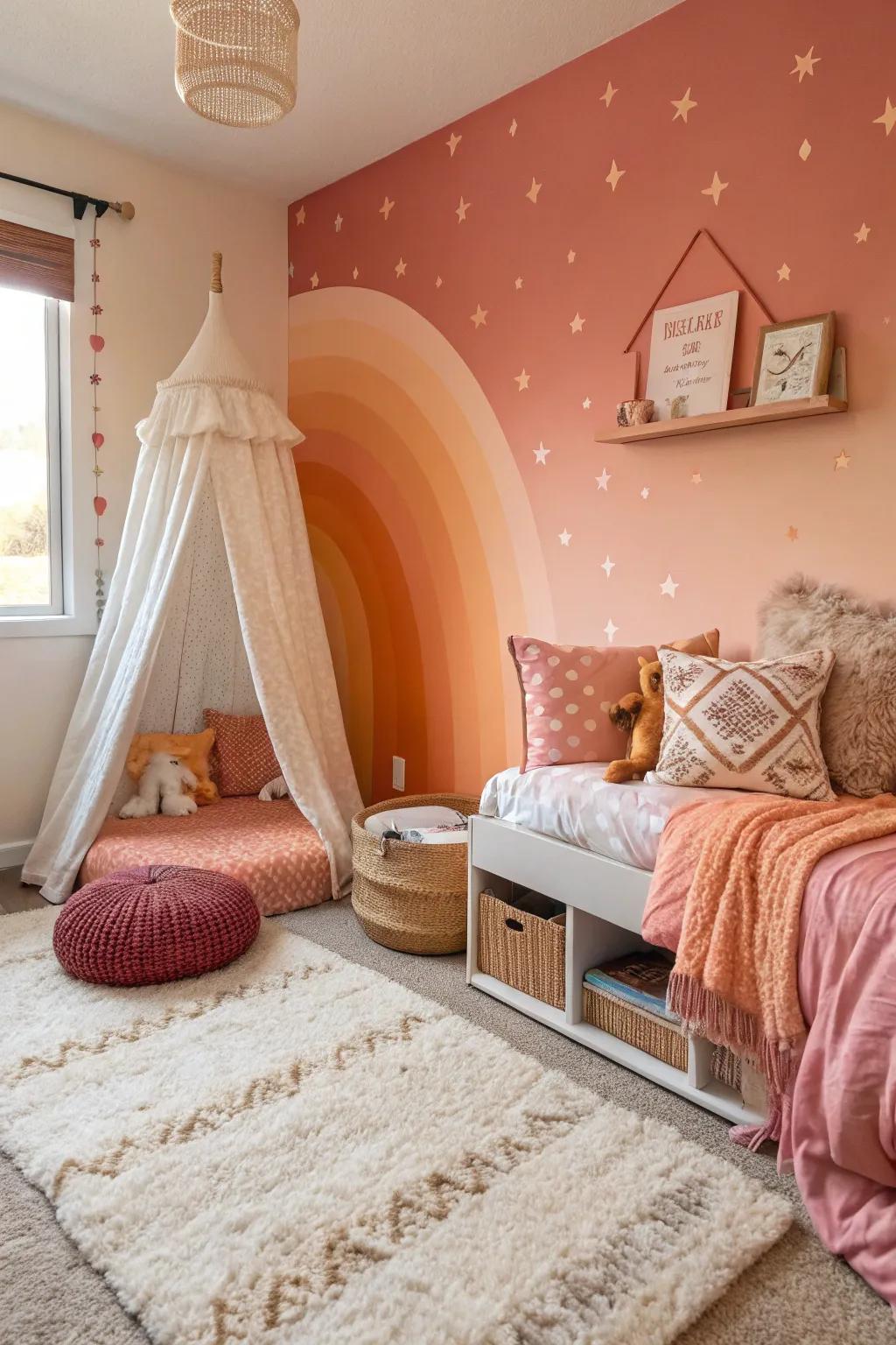 A sunset transition wall introduces warmth and dynamic motion.