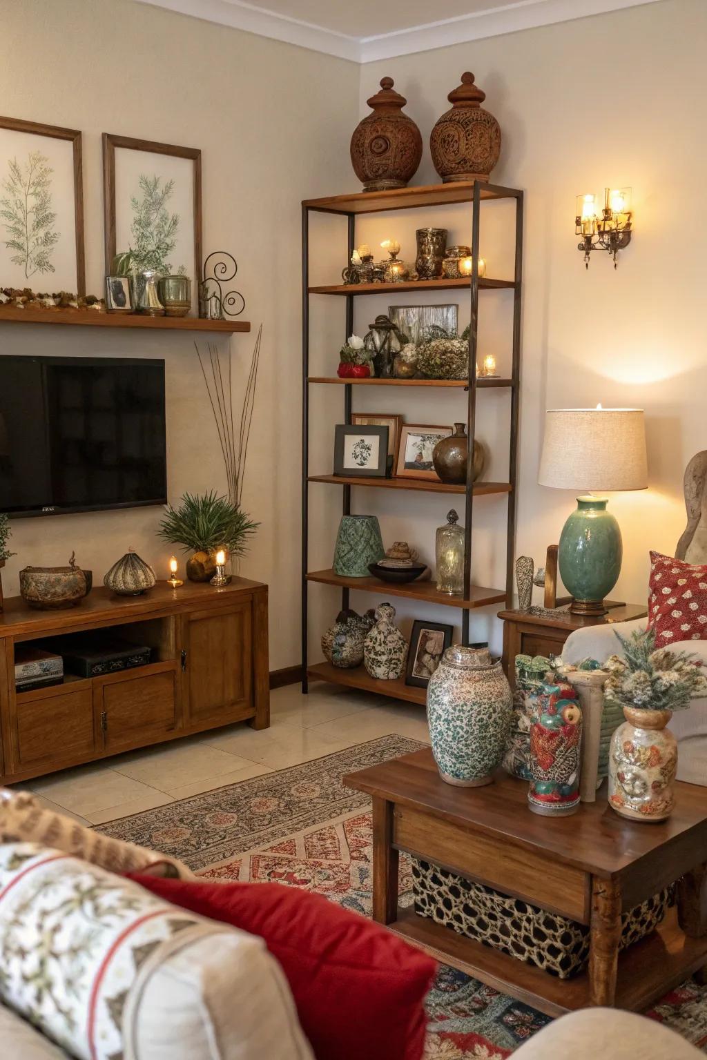 Blending and contrasting ornaments throughout the area adds festive character.