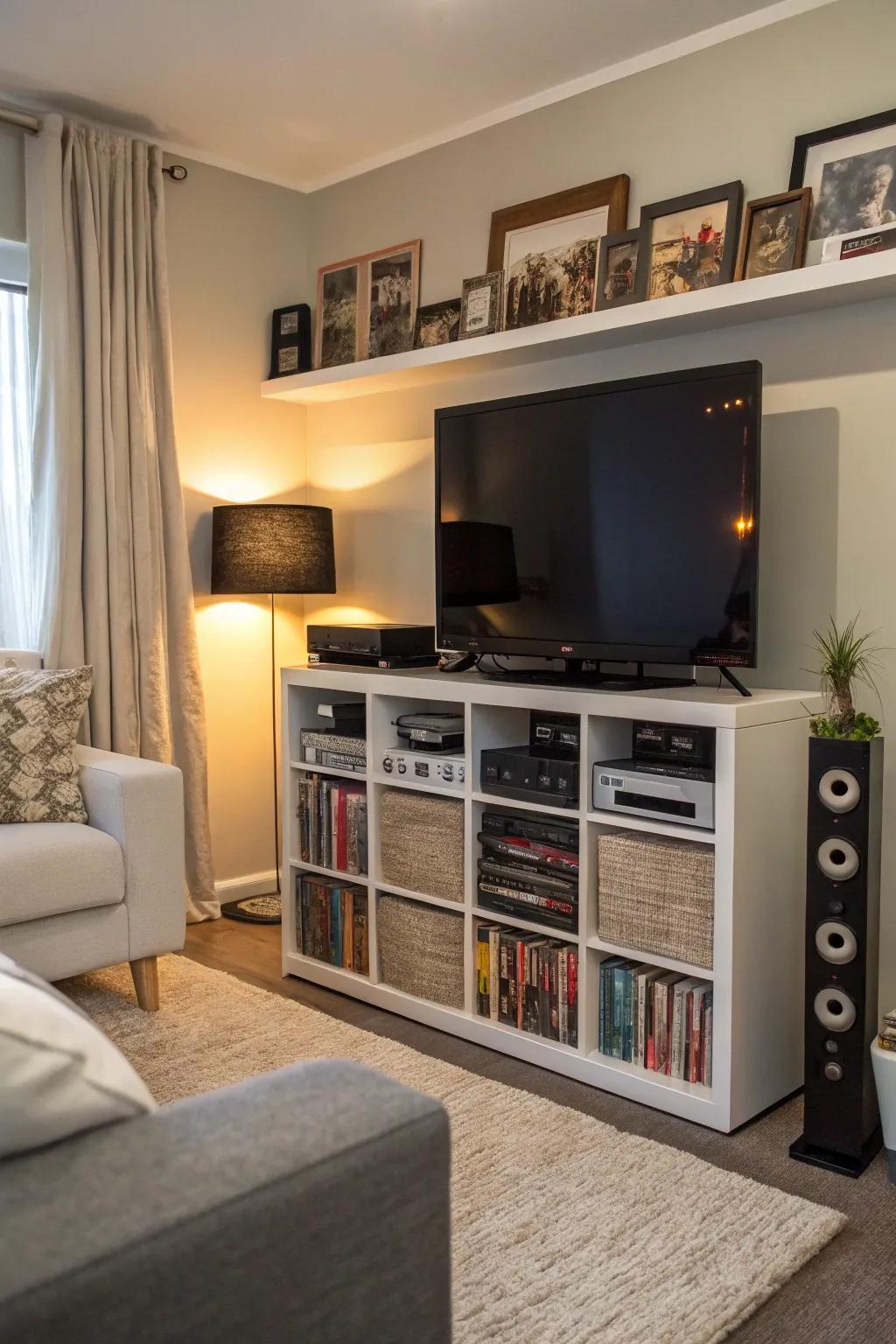 An area-saving entertainment station constructed from adaptable cube storage.