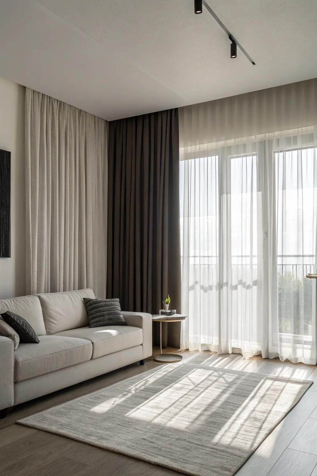 Monochrome curtains offer a streamlined and minimalist aesthetic.