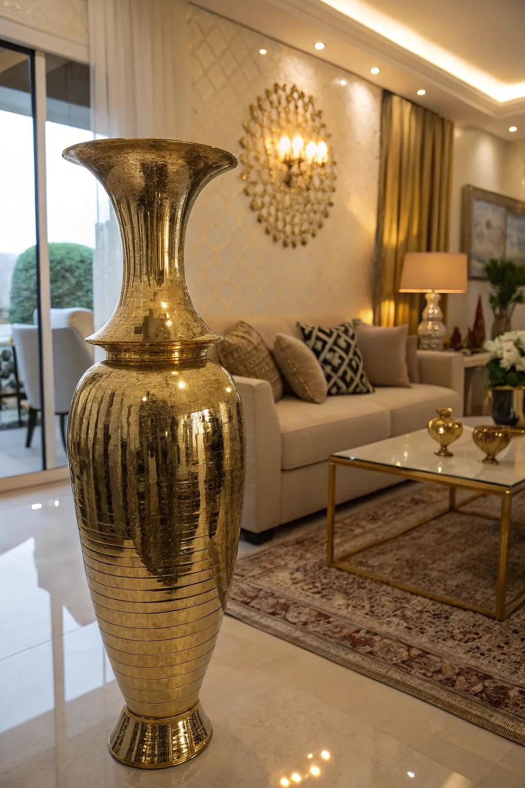 A metallic gold vase gives an elegant living room a sense of glitz.