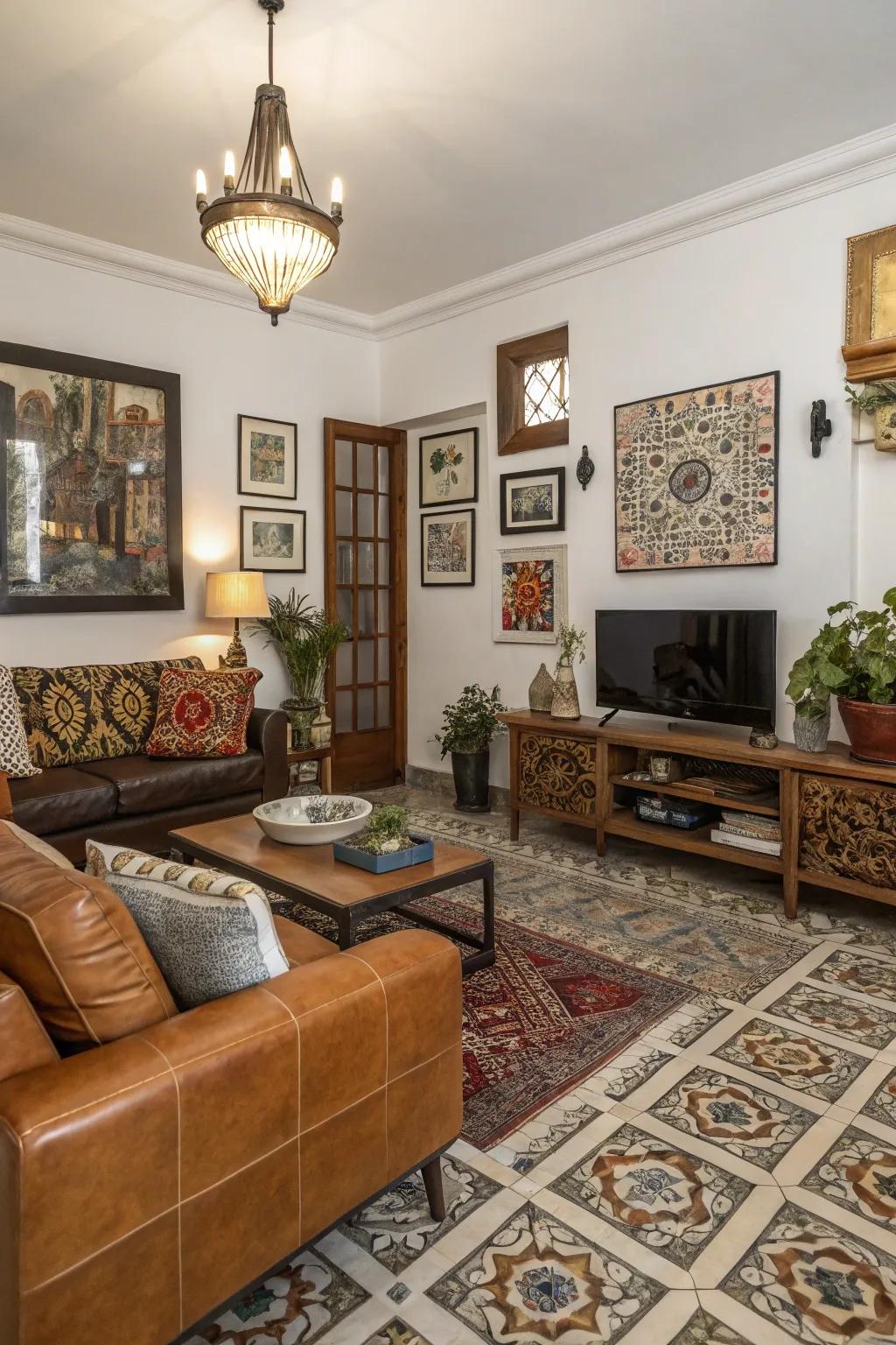Dynamic family room with mixed-texture tiles.
