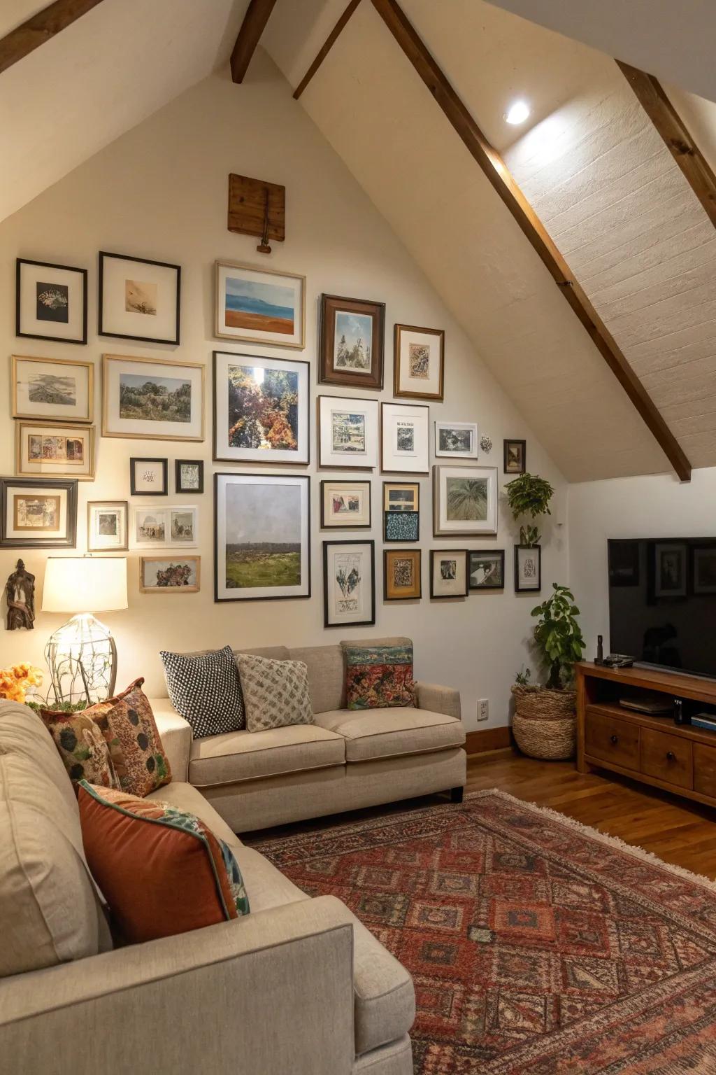 A gallery wall personalizes and enhances a high ceiling room.