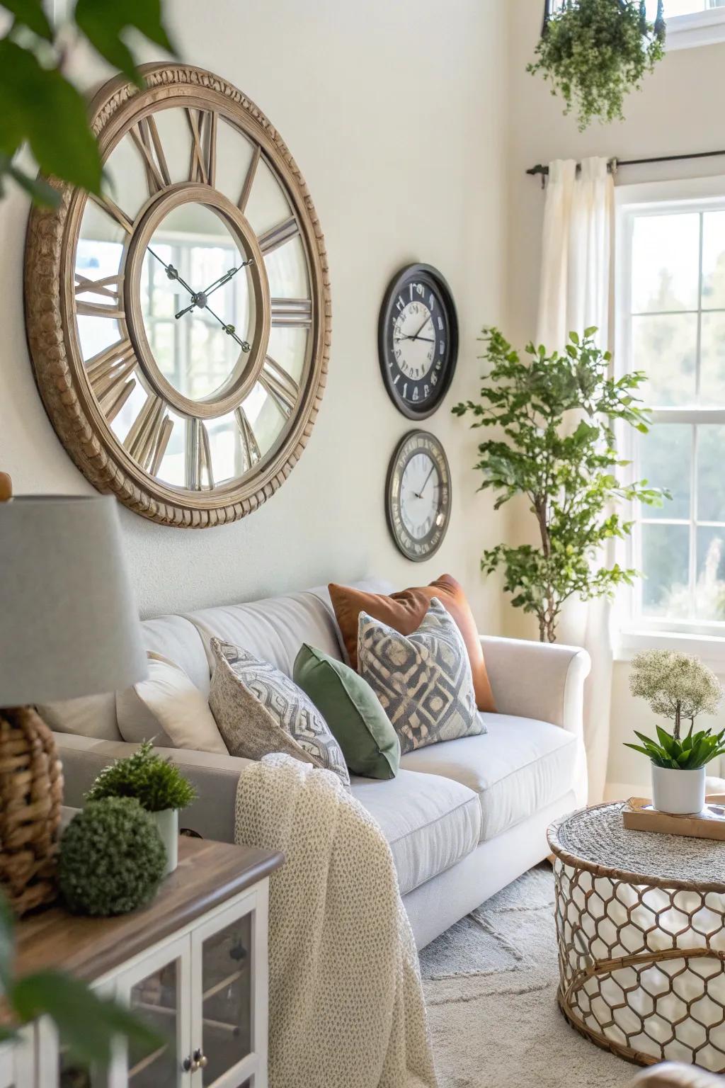 Mirrors paired with a wall clock create a spacious and bright living room.