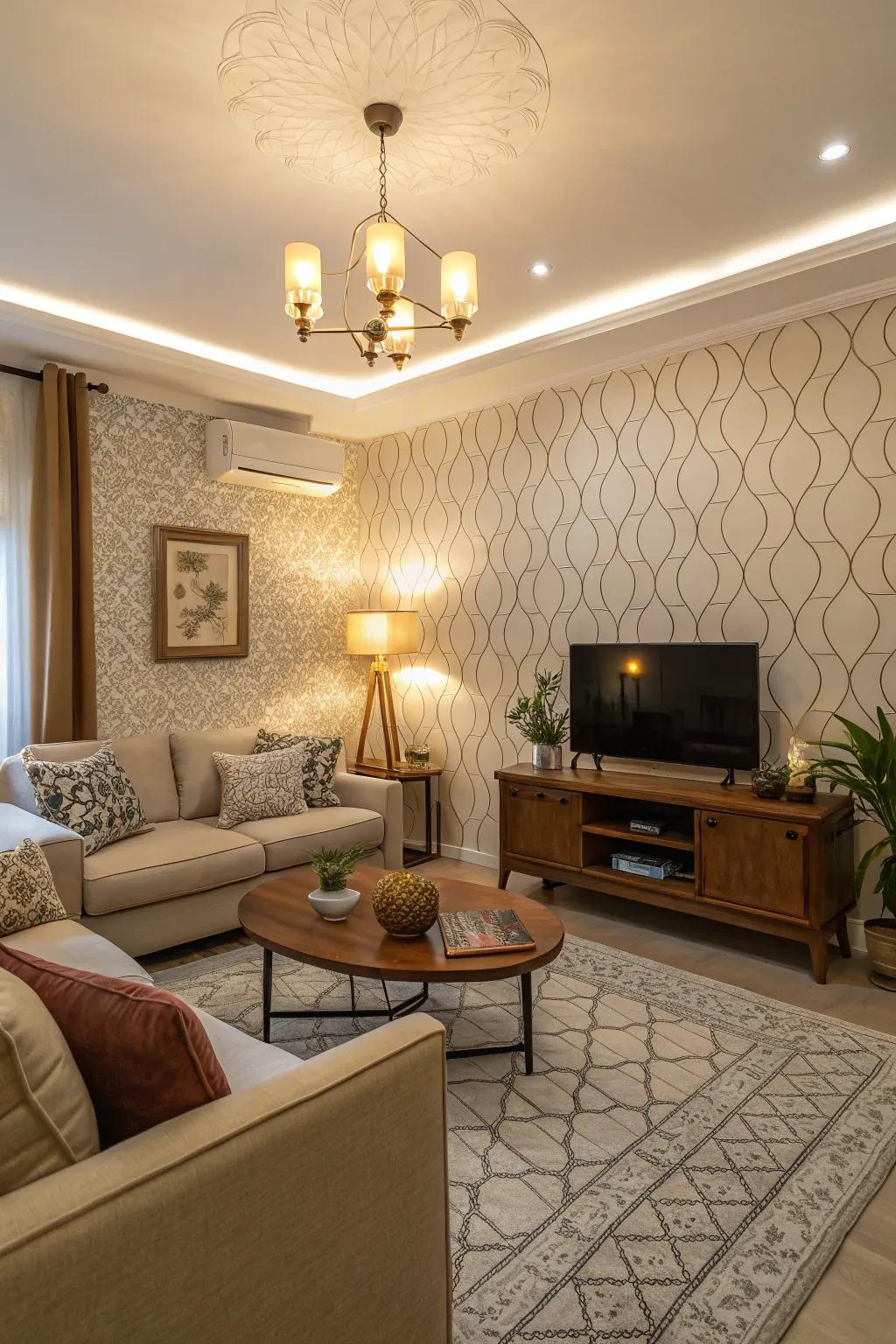 Textured wallpaper adds depth and visual interest.