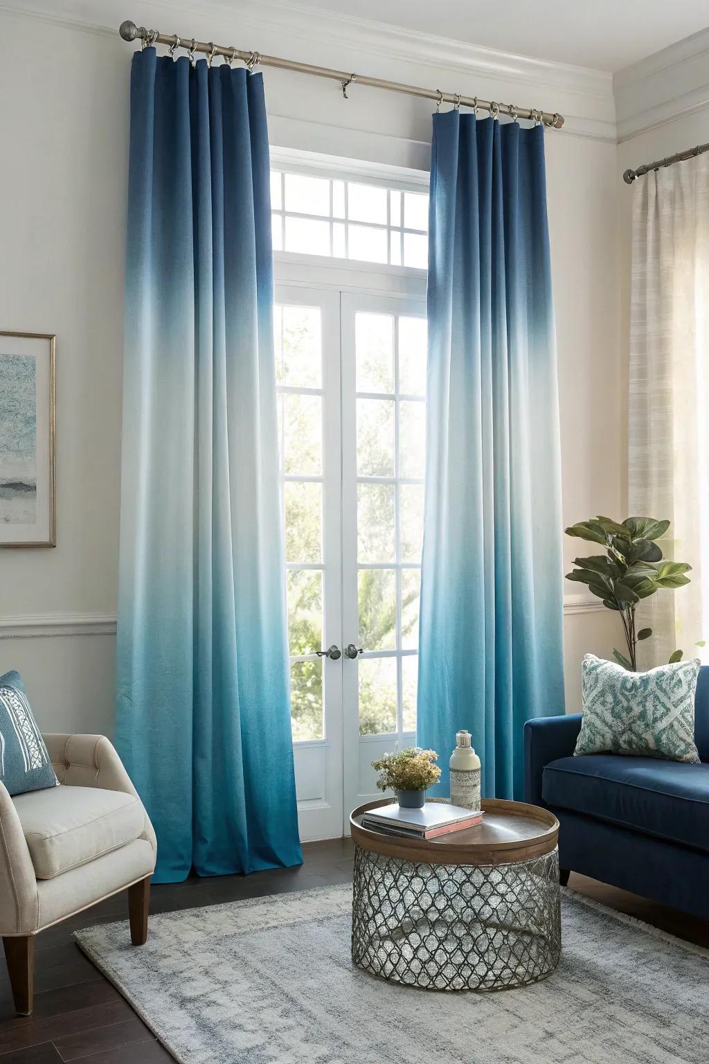 Ombre blue curtains introduce an artistic flair with their gradient design, enhancing the room's modern vibe.