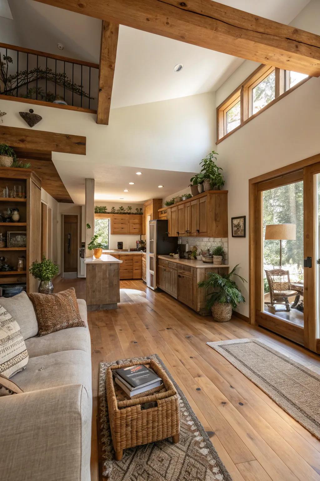Lumber and organic elements impart warmth and texture to the design.