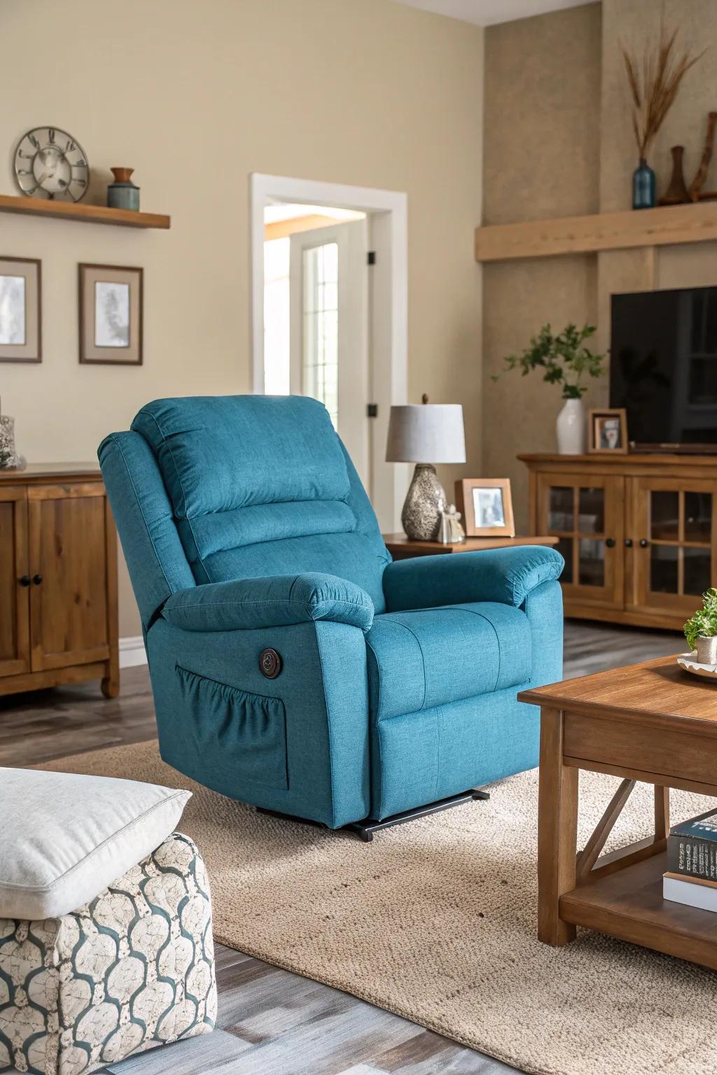 An eye-catching recliner becomes the central element in this neutral-themed living room.